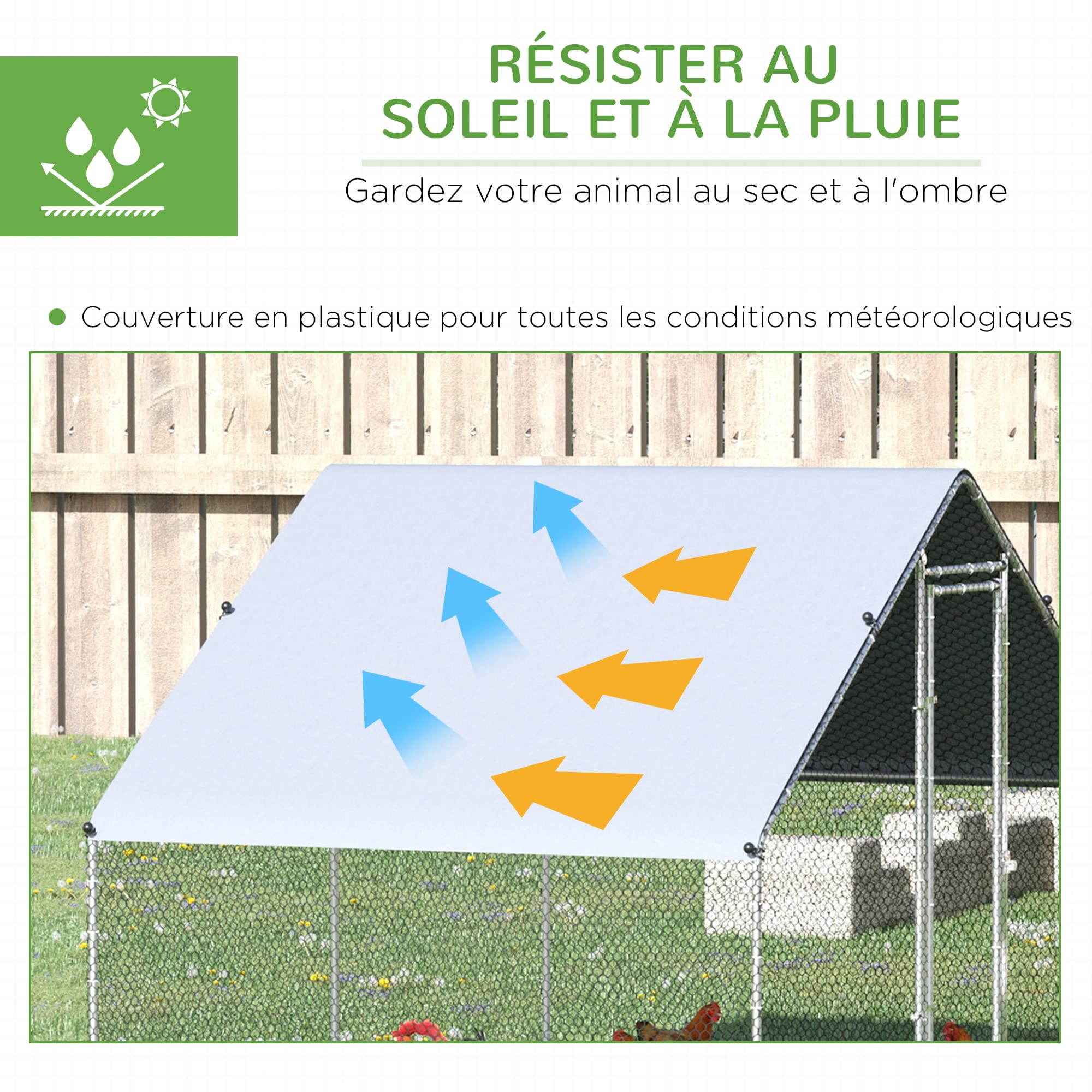 PawHut Enclos pour Poules XXL 6 m² - Grand Parcours Extérieur en Acier Galvanisé 3x2x2m - Volière de Jardin Anti-Renard avec Bâche de Toit pour 4-6 Poules, Canards ou Lapins, Gris