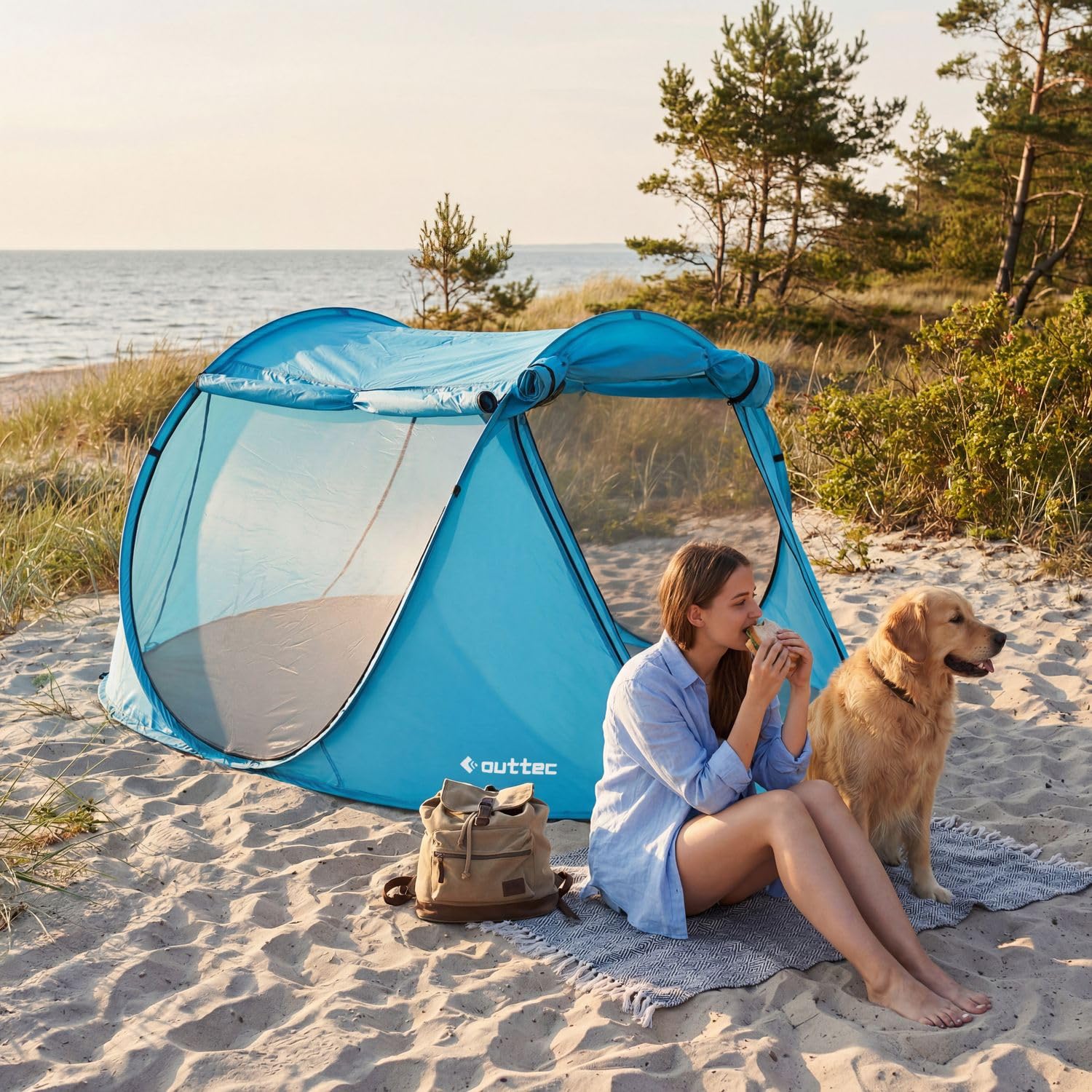 Outtec Strandmuschel UV Schutz 50, Pop Up, Leicht zu Tragen Strandzelt, Koffertauglich, Strand Windschutz und Sonnenschutz, Sonnenzelt, Gartenmuschel (Türkis) Sport & Freizeit