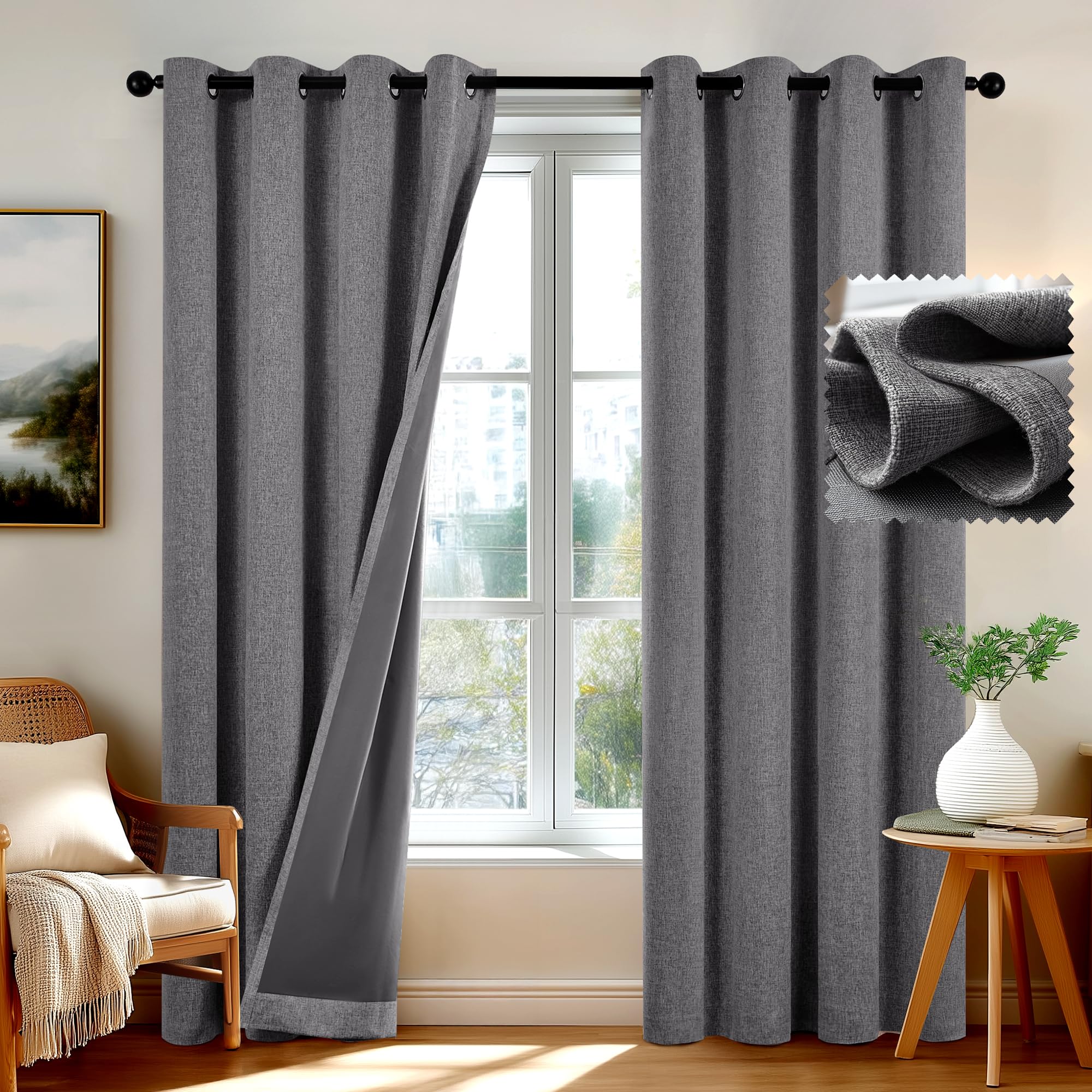 Deconovo Total Blackout Door Curtains Faux Linen Thermal Insulated 84 Inch Drop Eyelet Curtains for Bedroom with TPU Backing, Dark Grey, W52 x L84 Inch, Two Panels