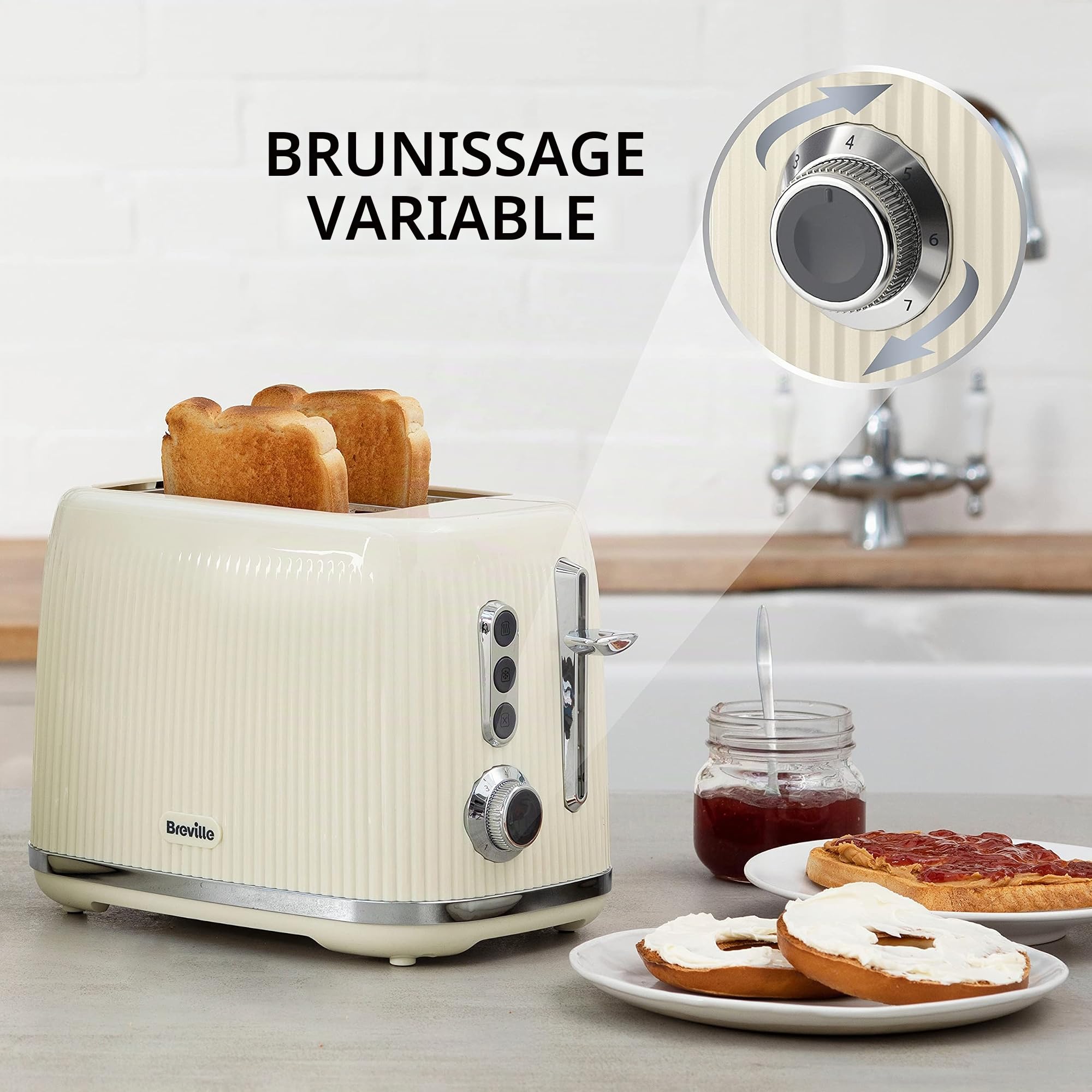 Breville Grille-pain audacieux à 2 tranches crème vanille avec fentes hautes et larges | Crème et Chrome Argenté [VTR003
