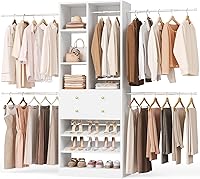 Besiost Adjustable Closet Organizer System 4.2-8.8FT: 5 Hang Rods, 2 Wooden Drawers, 3-Tier Shoe Rack - Fits 60-96in White Tower