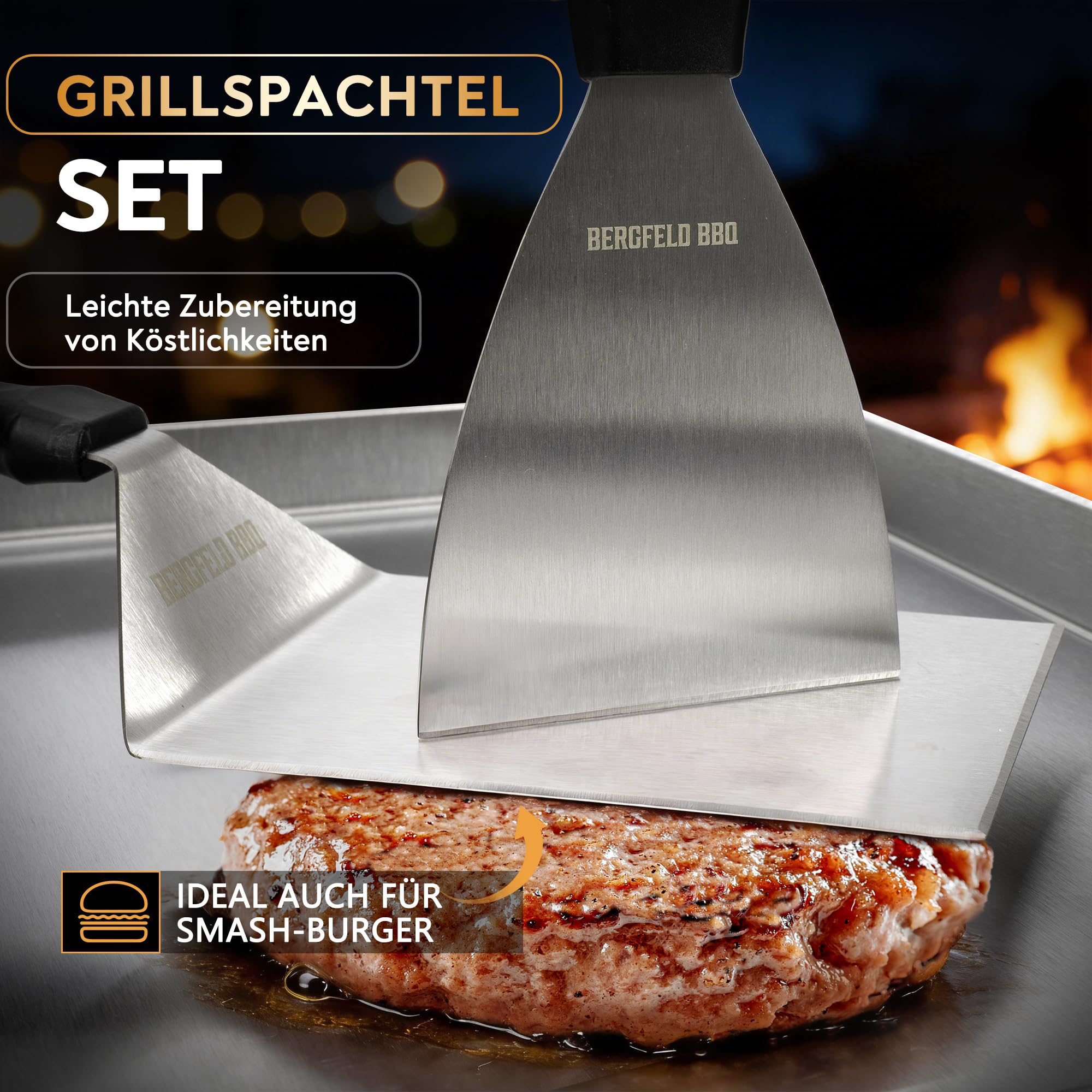 Bergfeld BBQ Grillplatte - Premium Plancha Set [30x40 cm] - 5mm massiver Edelstahl - 25% dicker als die meisten Planchas - inkl. 3er Grillspachtel-Set - auslaufsichere Ecken