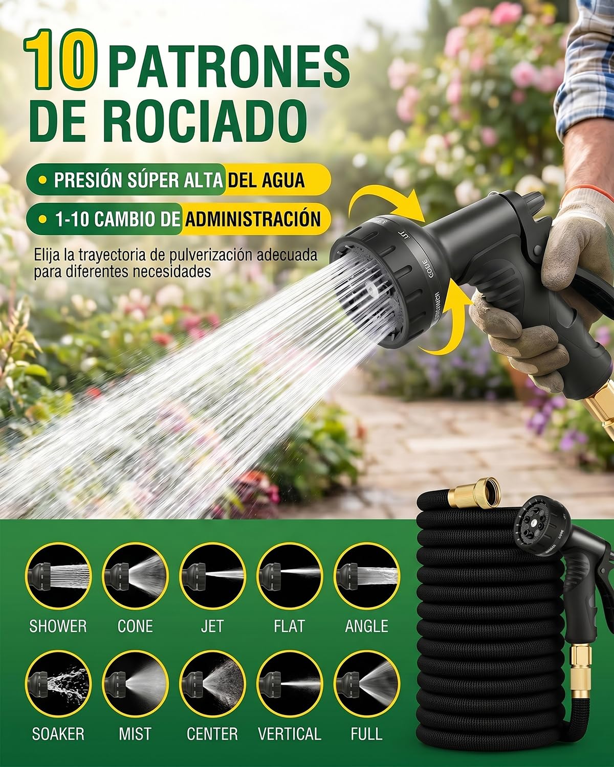 Manguera de Jardín Extensible 45m Extra Larga con Pistola 10 Modos, Manguera Flexible 45 Metros de Alto Rendimiento, Látex Reforzado y Tela Ultra Resistente, Conexiones de Latón para Áreas Grandes