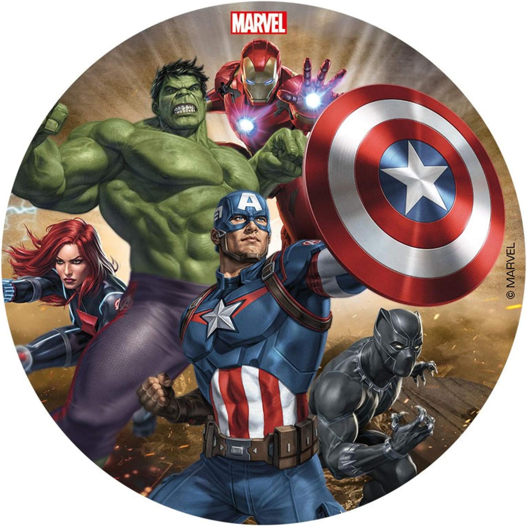 Avengers Round 16cm 6.25inch Edible Sugar Cake Topper. Licensed Product. Dekora.