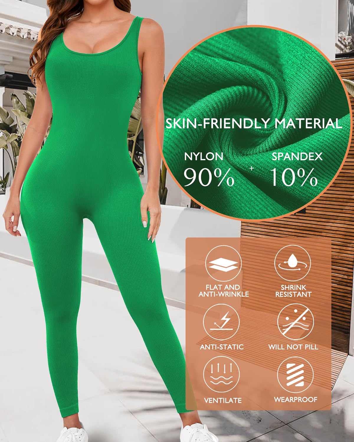 AURUZA Jumpsuit for Women Workout Seamless Jumpsuits Yoga Ribbed One Piece Tank Tops Rompers Sleeveless Exercise Jumpsuits, S, Green-new - Image 3
