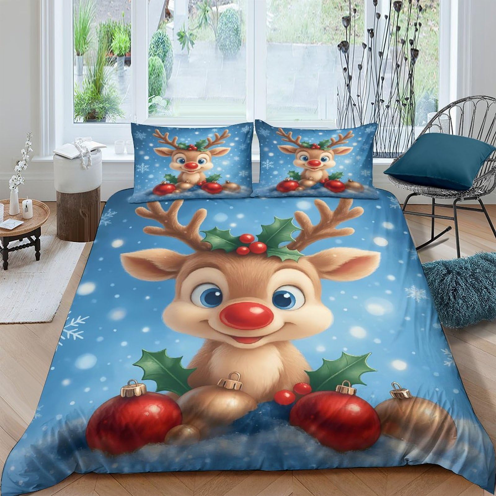GPLZQXKJNH 3D Printed Christmas Reindeer Duvet Cover Microfiber Soft Breathable Festive Snow Bedding Set with 2 Pillowcases for Bedroom Decor Single（135x200cm）