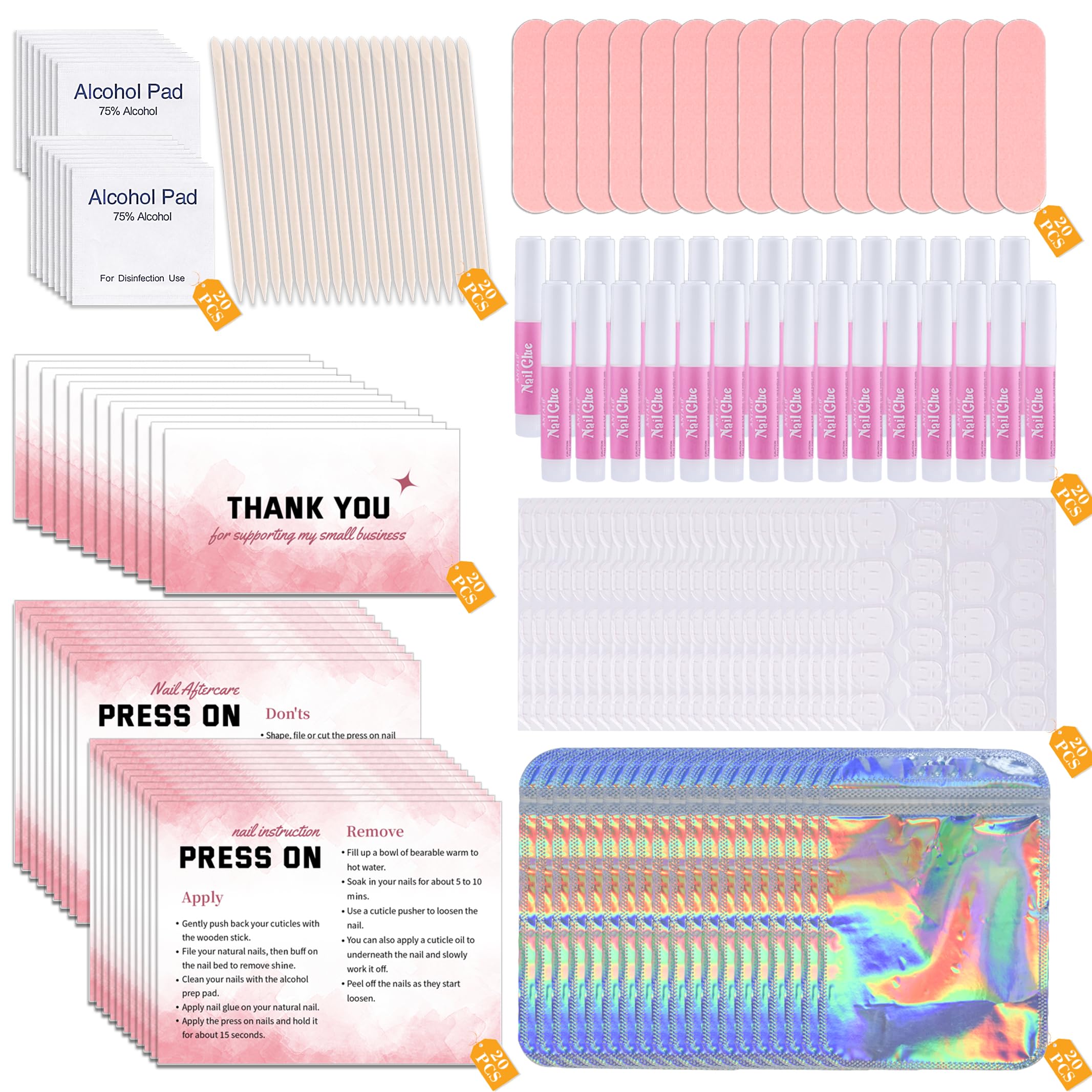 Press On Nail Tool Kit for Nail Business Nail Prep Application Disposable Kit with Nail File Nail Glue