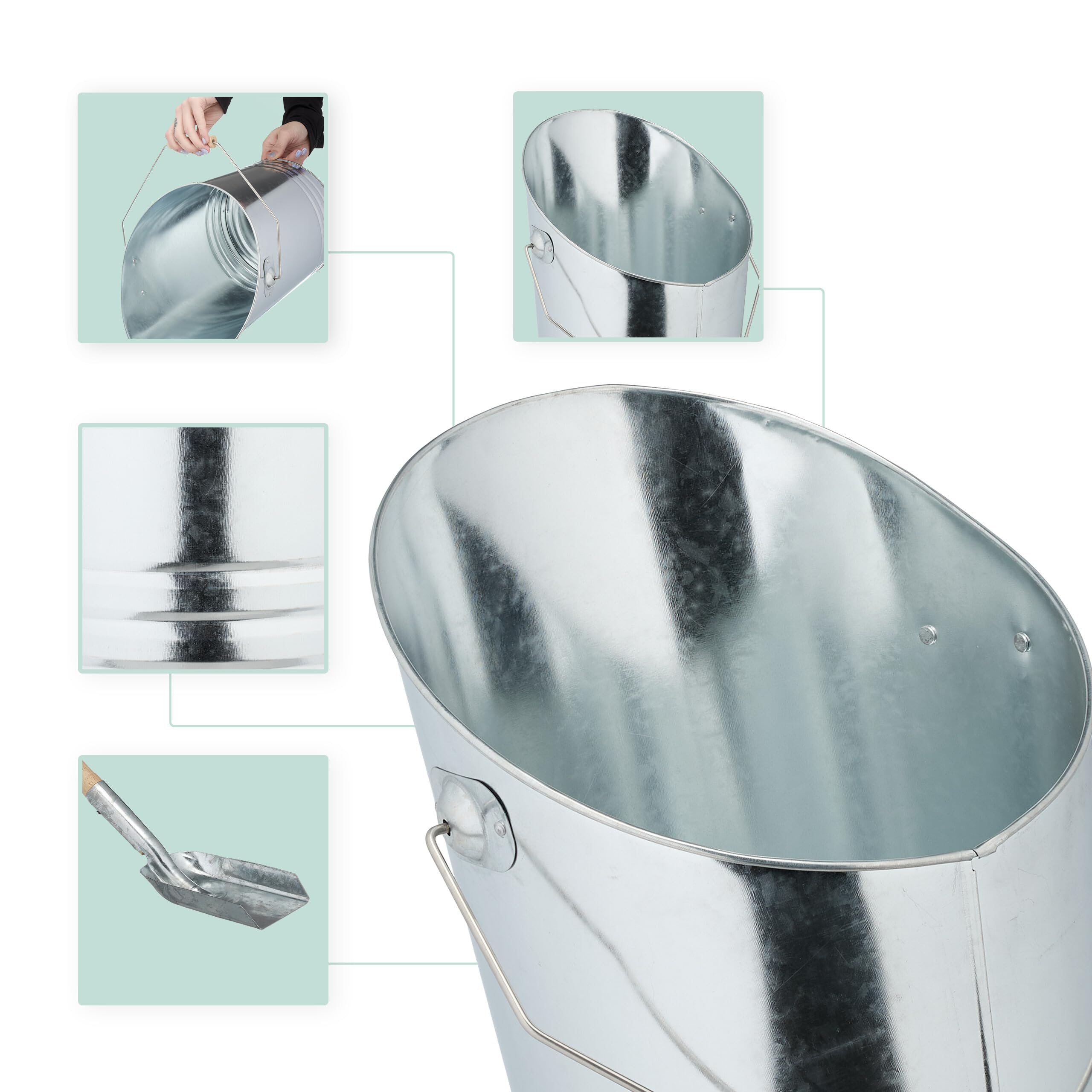 Relaxdays Secchio Raccogli Cenere con Manico e Pala, Cesto Carbone 10 L, Secchiello per Camino e Stufa, Ferro, Argento
