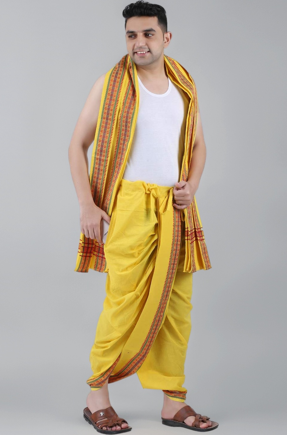 Men Cotton Panjakejam (Ready To Wear) Casual Style Dhoti Towel Set With Pocket