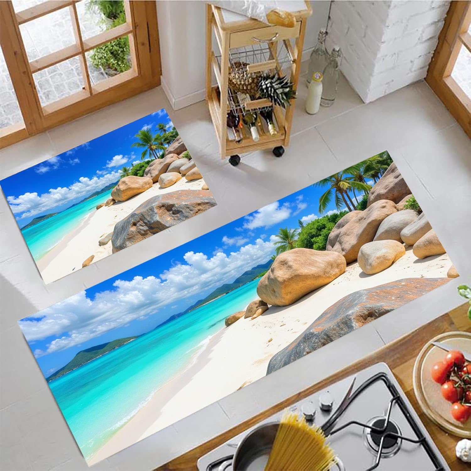 Non Slip Kitchen Rug Set, Water Absorbent Black and White Cat Paw Prints Floor Mats, Cute Style Kitchen Carpets Rugs for Home Dining Room Entryway, Black 20"x71"+20"x32" 2 Pieces