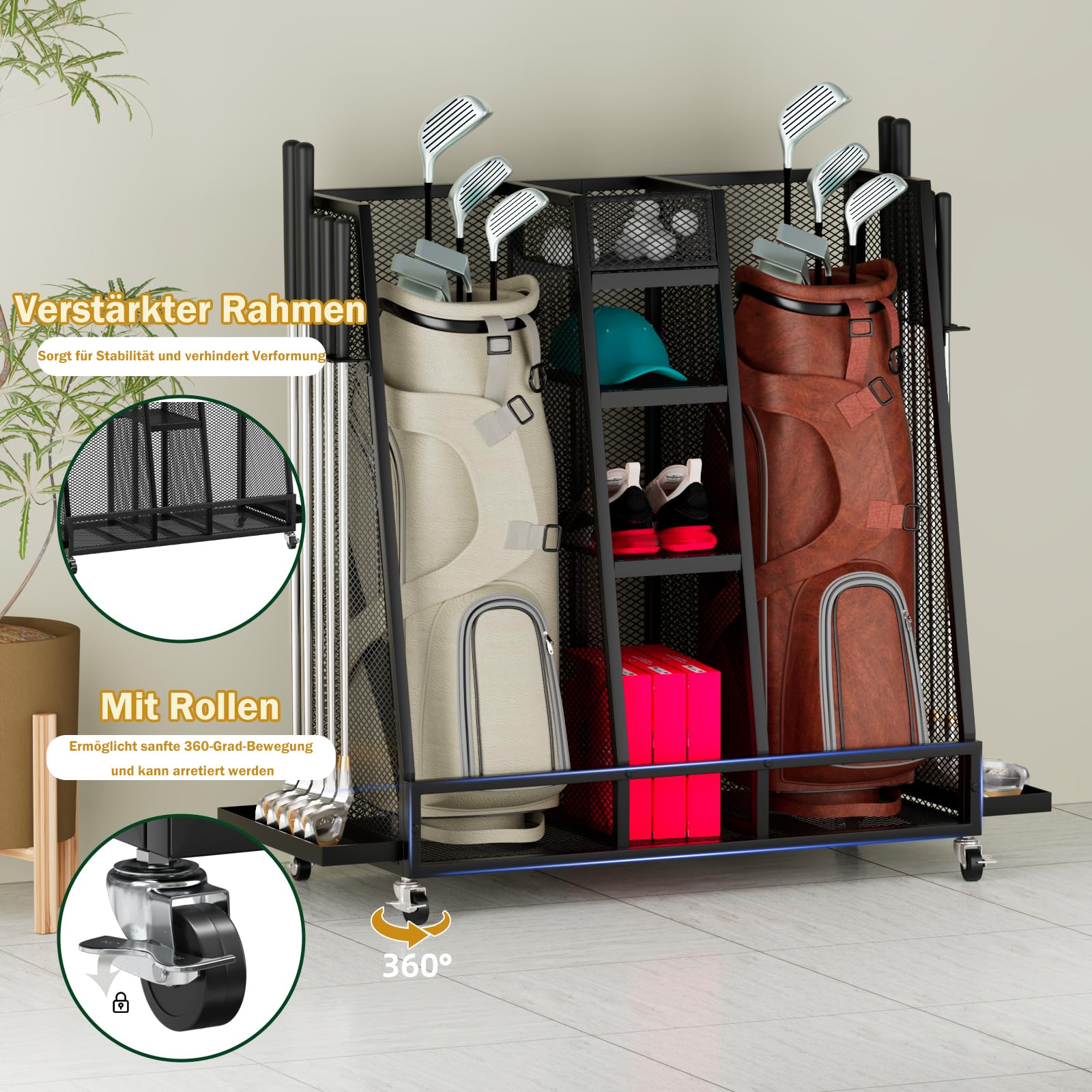 Golftaschenständer für 2 Golfsäcke aus Kohlenstoffstahl, mobiler Golf Organizer mit 4 Ablagen, seitlichem Schlägerhalter, 100kg Tragkraft, feststellbare 360° Räder für Garage Zuhause