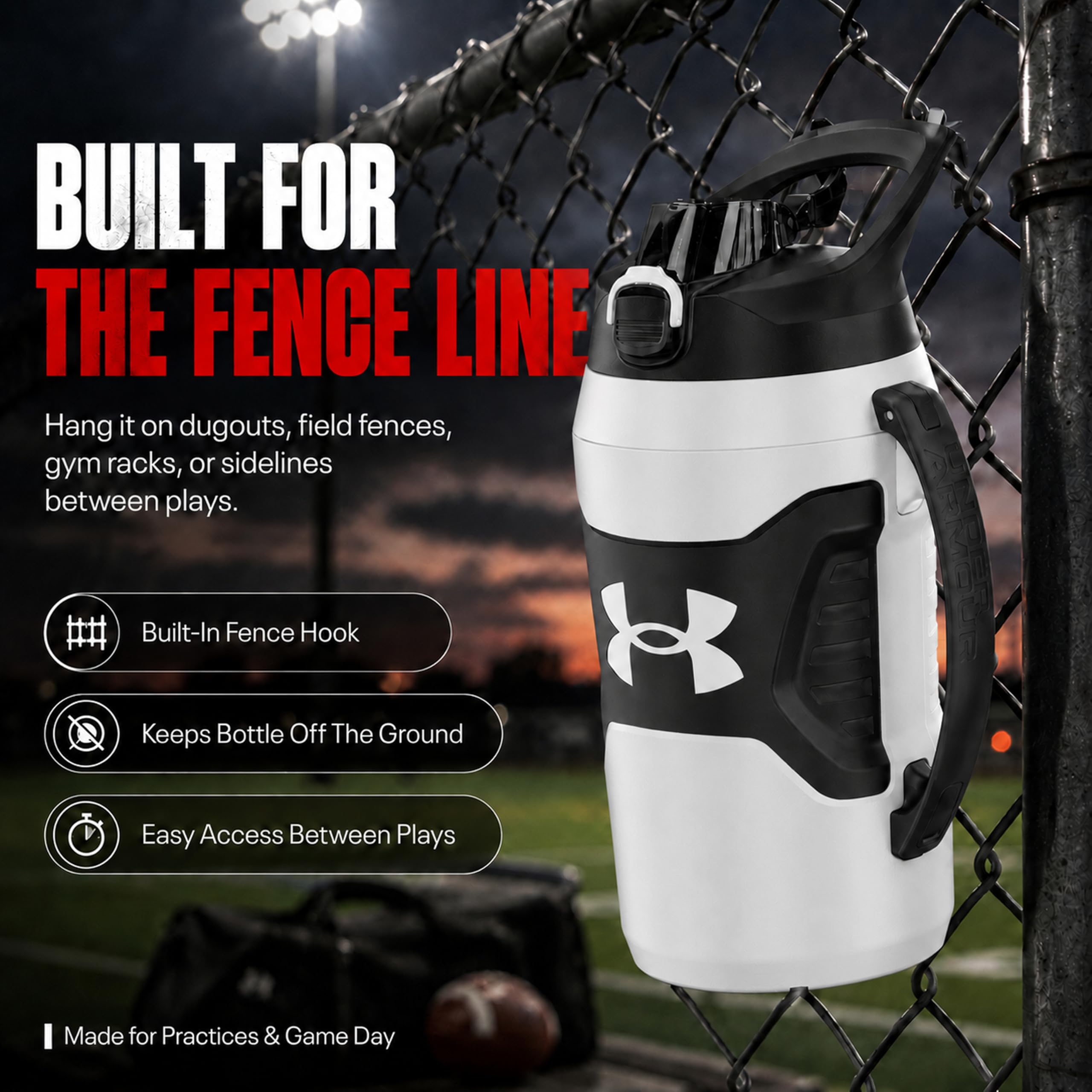 Under Armour Botella de agua aislada de 64 onzas con asa, con aislamiento de espuma y resistente a fugas, jarra de agua deportiva, gancho para cerca, apta para lavavajillas, color negro y gris claro,