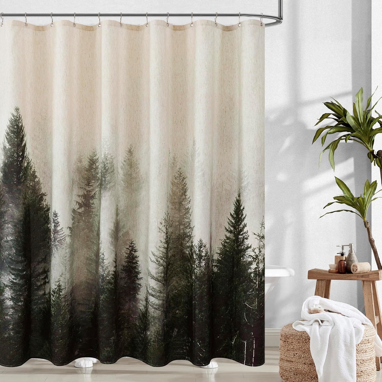 ORTIGIA Mountain Forest Shower Curtain –Heavy Blend Linen Fabric, Dark Green Nature Tree, Foggy Woodland Bathroom Curtain, 72x72 Inch, Includes 12 Metal Hooks.