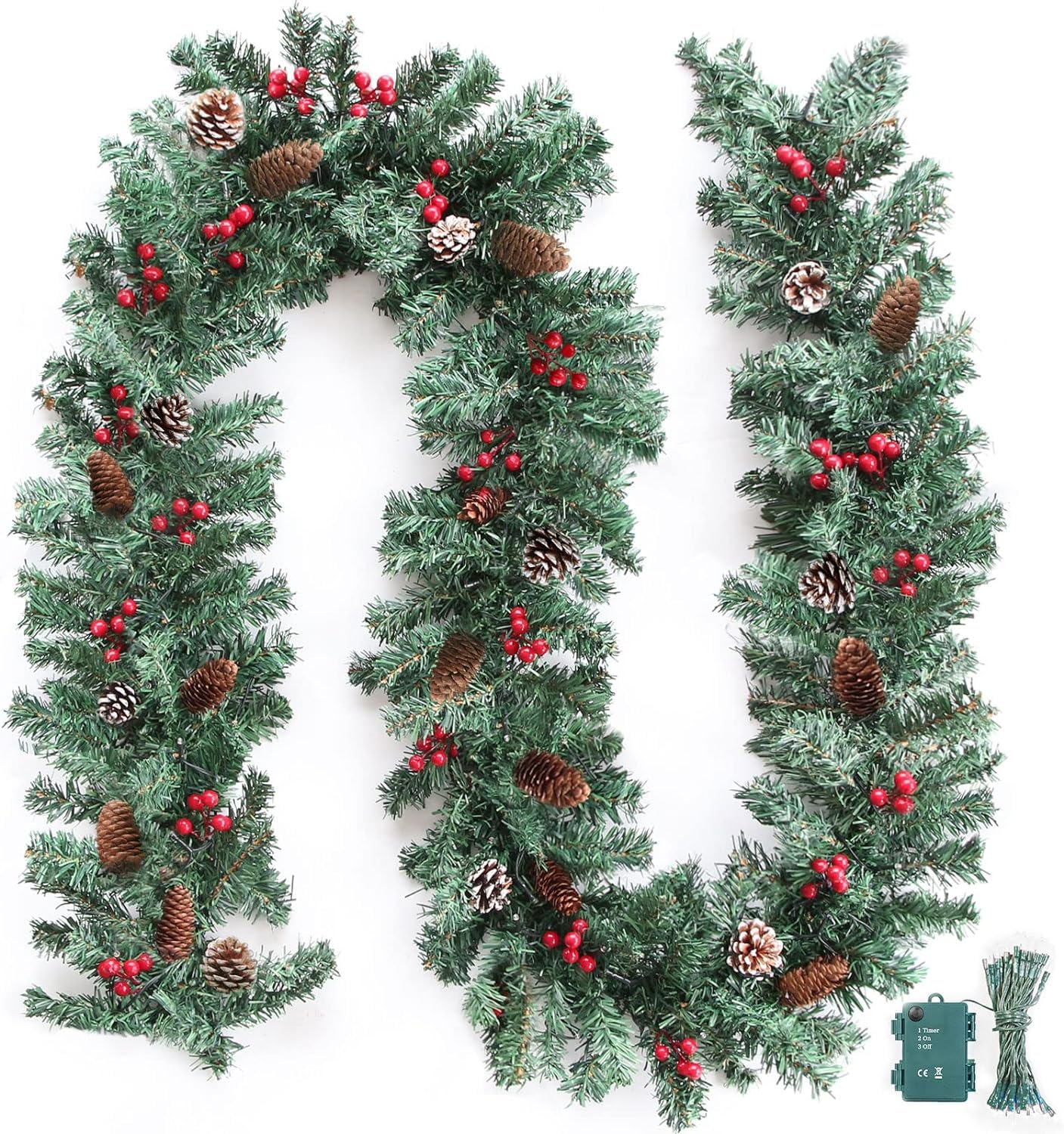 ZIFTY 9FT Christmas Garland with 50LED String Lights Battery Timer Operated Pre-lit Christmas Garland Greenery Pine Garland Xmas Mantle Garland for Fireplace Holiday Home Indoor Outdoor