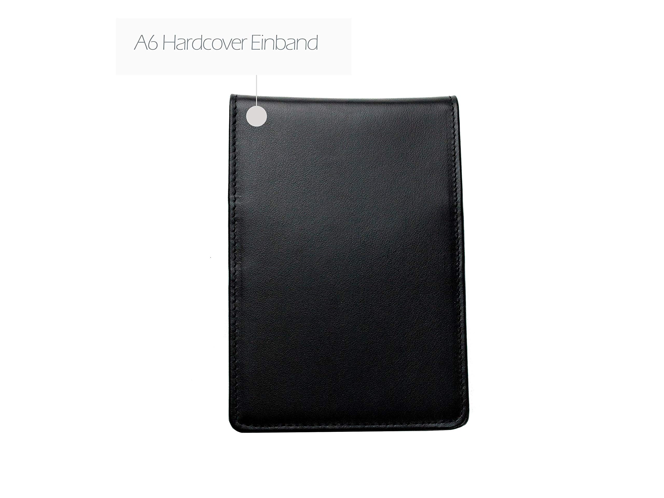 DELMON VARONE - Personalisierbares Notizblock Etui DIN A6 aus Boxcalf Premium Leder schwarz, Design Reporterblock im Hardcover Ledereinband, Stiftschlaufe, Einschubfach und blanko Block liniert