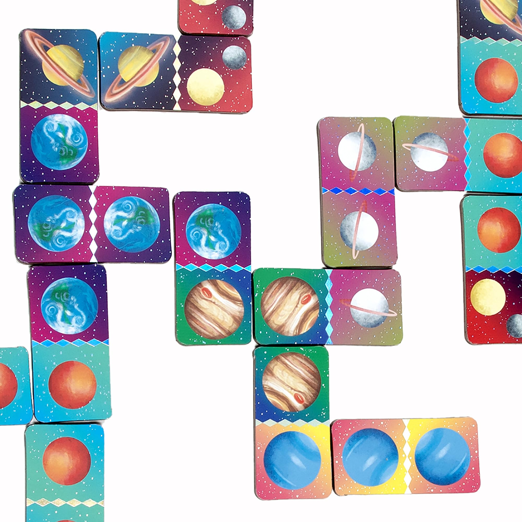 eeBoo: Mini-Dominosteine – Weltraum – 28-teiliges Planeten-Thema-Set, silberfarbene holografische Folienfliesen, klassisches Spielstein-Matching-Spiel, Familien & Kinder ab 3 Jahren, 2-4 Spieler