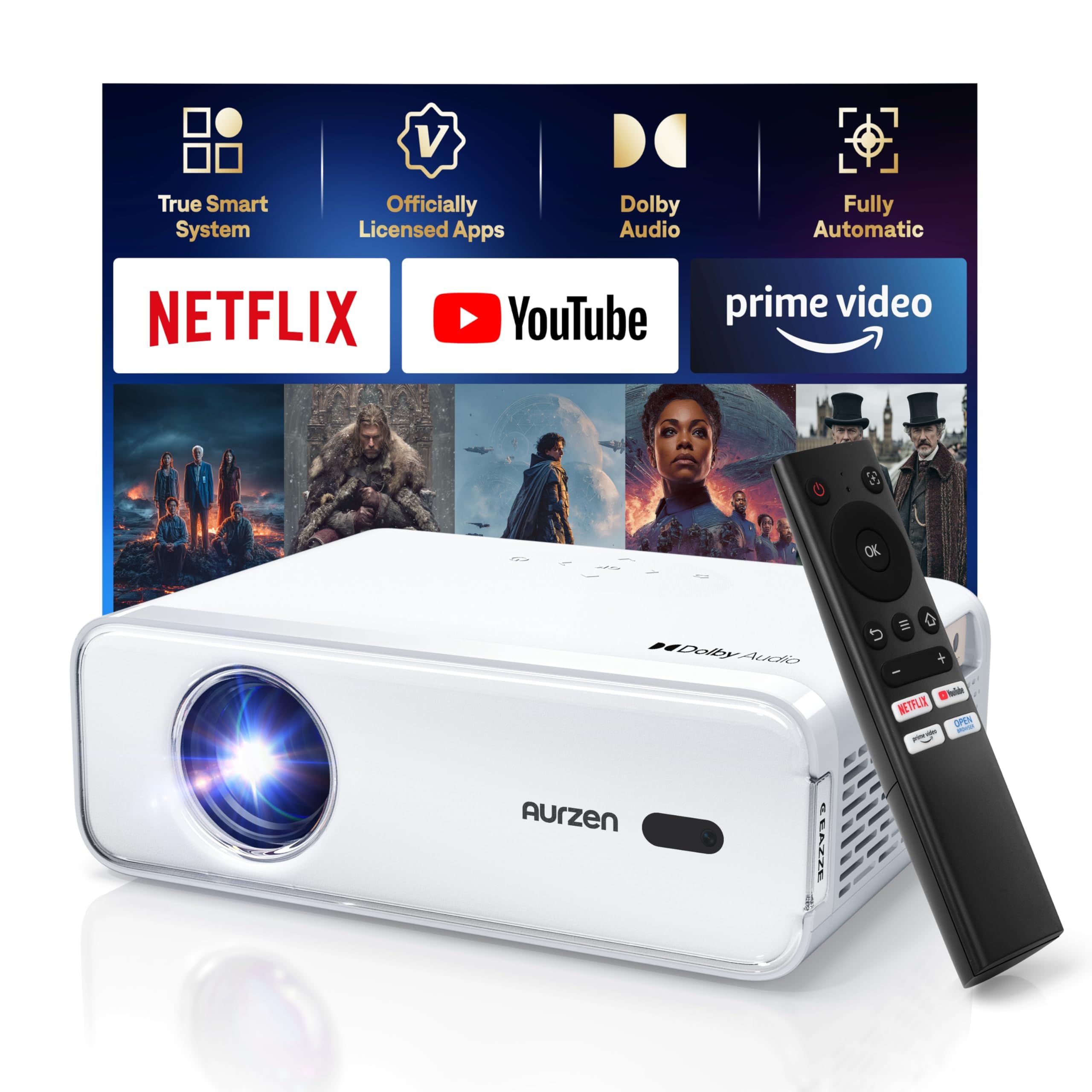 Projector 4K Support【Official NetfIix/Auto Focus/Keystone/DoIby Audio】 AURZEN Eazze D1 Projector Full HD 1080P Native, with Bluetooth and Wi-Fi, with a built-in Youtube/Prime Video App