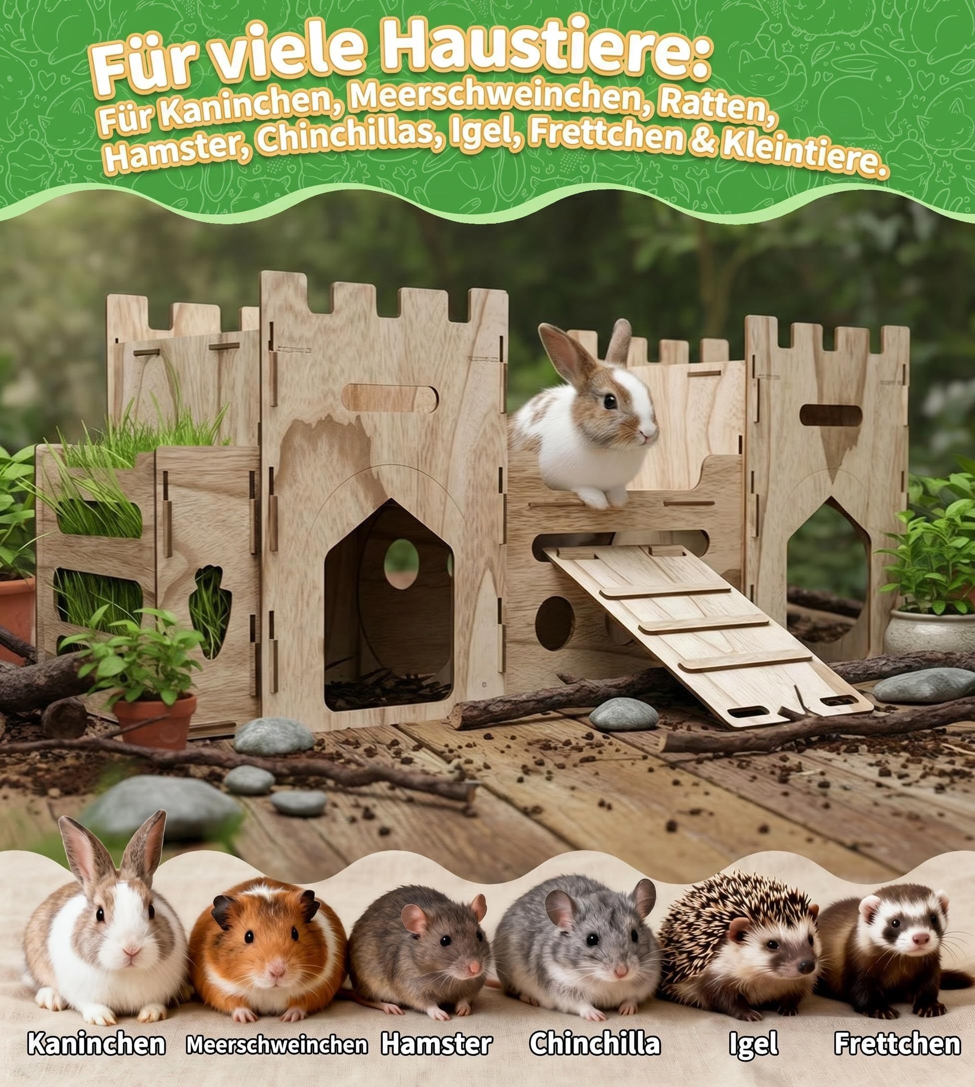 HIIMALEX Bunny Castle Spielhaus, mehrstöckiger Kletterturm mit Tunnelversteck für Kaninchen, belüftet, stabiles Anreicherungsspielzeug, Innenraum, mit Rampe (Walnußfarbe 1T)