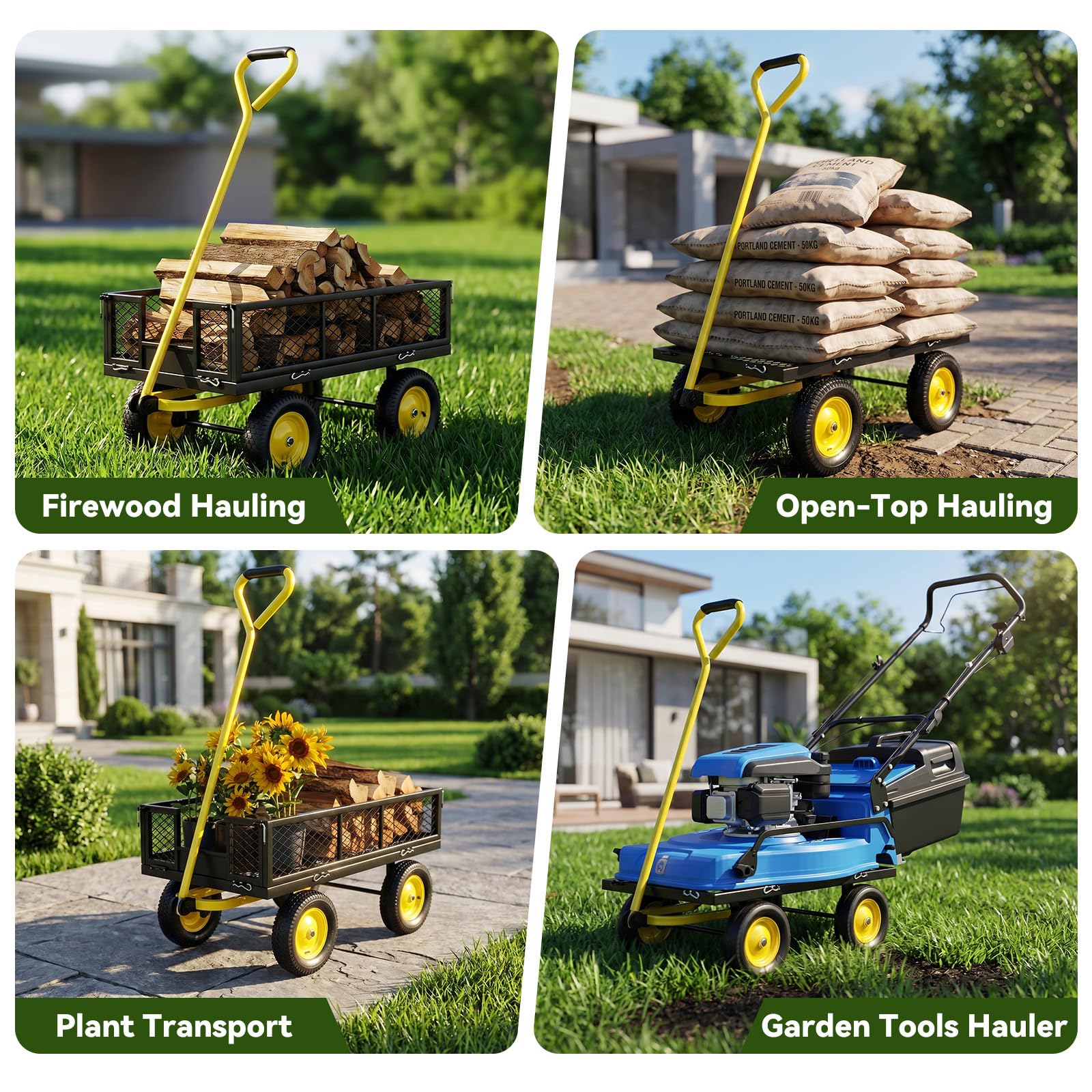 Carrito de jardín (300 kg, 4 ruedas, remolque exterior con asa giratoria 180° y laterales desmontables
