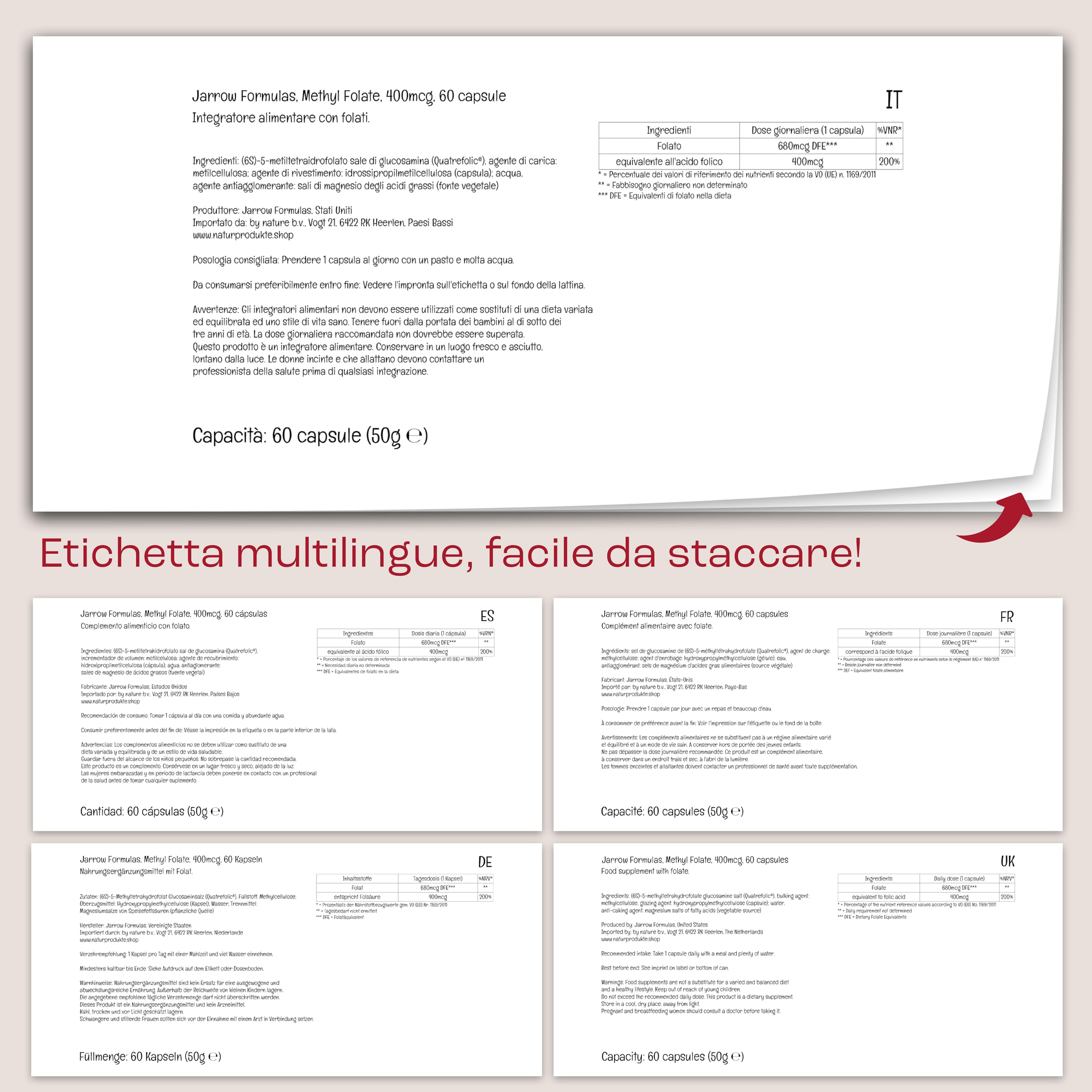 Jarrow Formulas, Methyl Folate (5-MTHF), 400mcg, Acido Folico, 60 Capsule vegane, Testate in Laboratorio, Senza Glutine, Vegetariane, Senza Soia, Non OGM