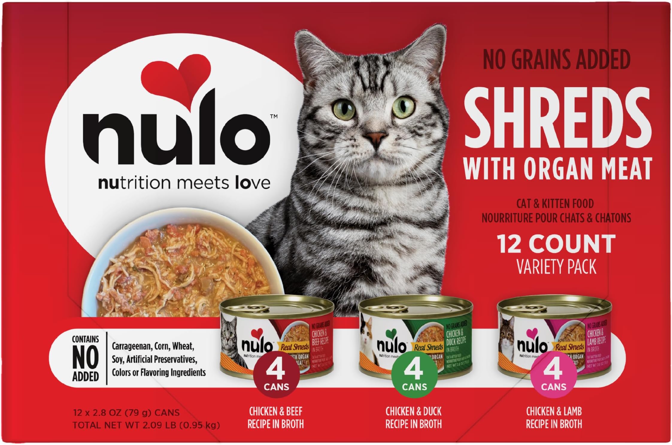 Real Shreds with Organ Meat Wet Canned Cat Food, Variety Flavors, 2.8 Ounce, 12 Cans