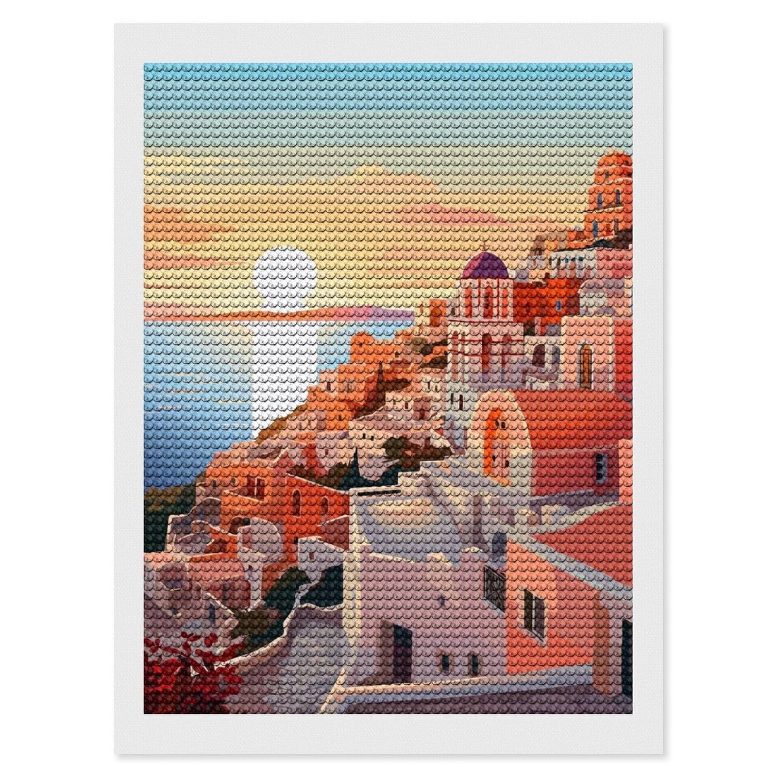 Junmoney Greece Sunset Travel Art Diamond Art Canvas 12"x16", for Teens, Nice Detail and Sparkle, Farmhouse Decor, Festive Craft Gift, Easy to Enjoy
