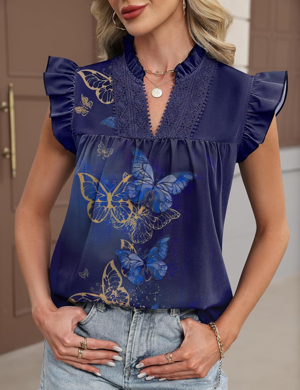 AKEWEI Womens Summer Ruffle Sleeve Lace Embroidered V Neck Work Blouses Pleated Tank Top - Image 3