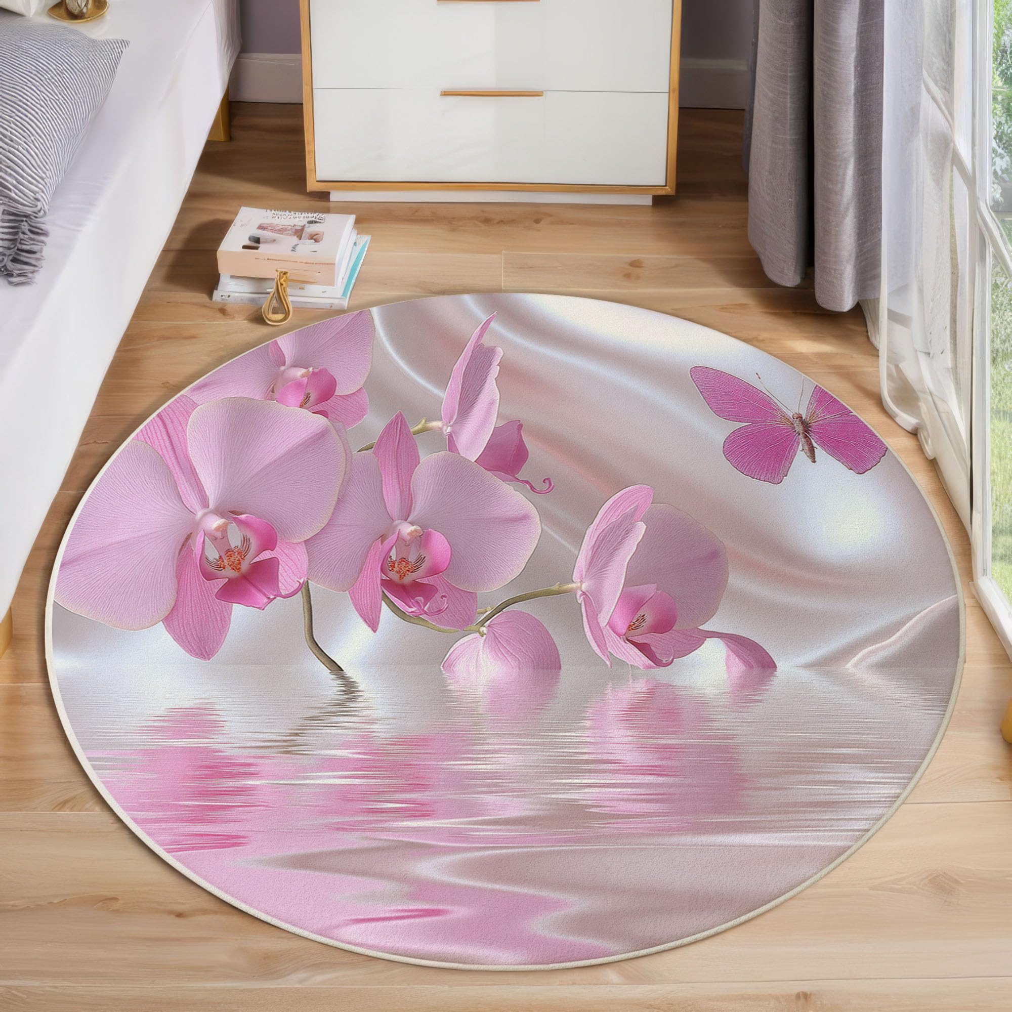 Tapis rond 200cm lavable rose poudre blush à poil bas motif mer fleurie