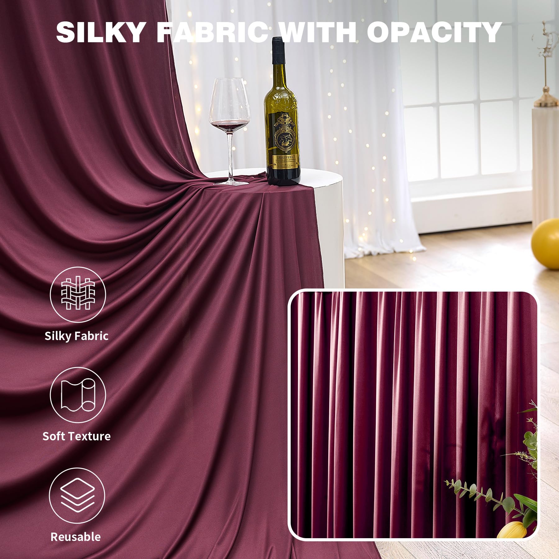 15,2 x 3,6 m Burgunderrote Hintergrundvorhänge für Partys, knitterfrei, Polyester, Burgunderrot, Fotohintergrund, Vorhänge, 10 Paneele, 3,6 m lang, für Hochzeit, Geburtstag, Fotografie, Hintergrund