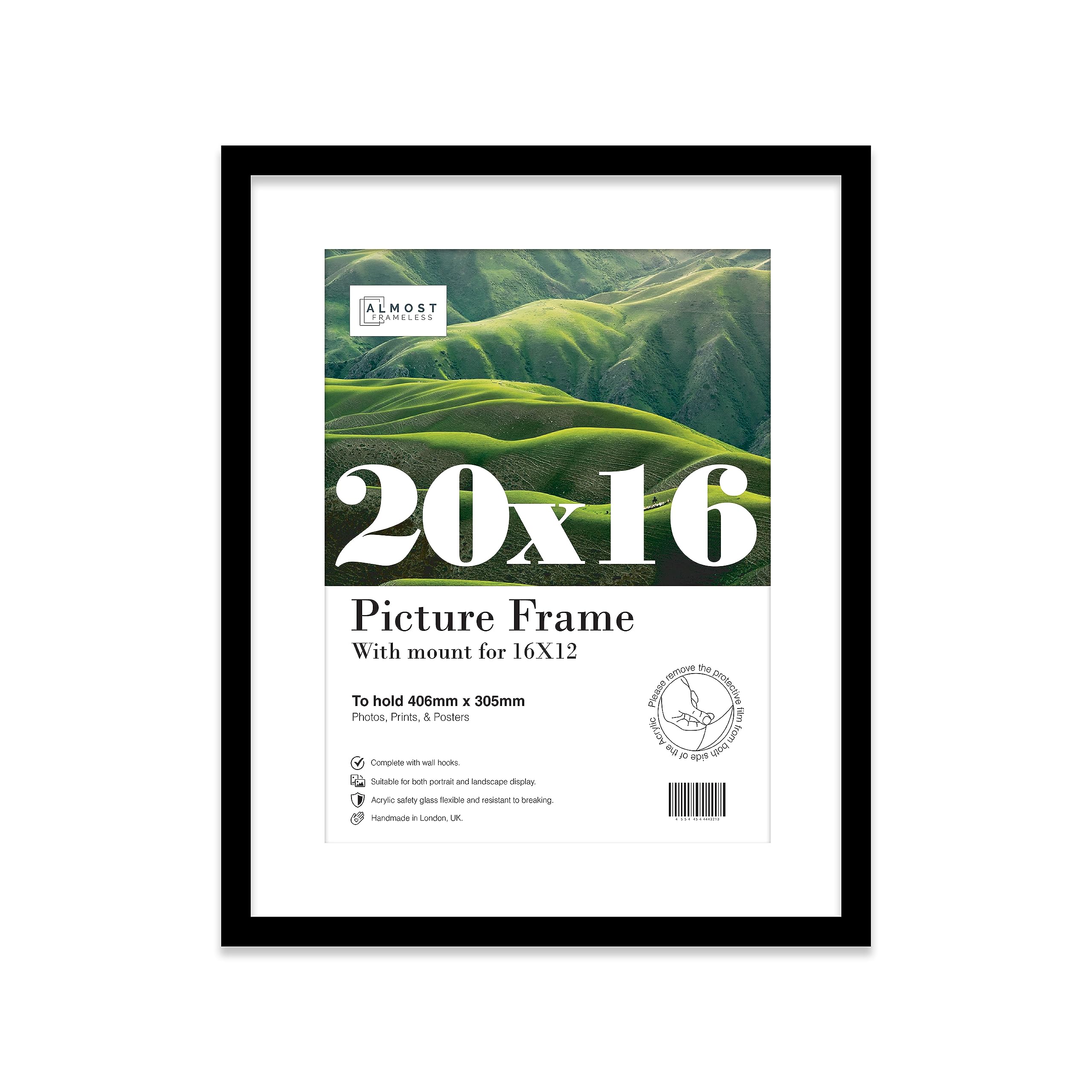 Almost Frameless 20x16 Black Picture Frame With Mount for 16x12 Print, Poster or Photo Poster, Photo, Artwork, or Print. Thin Edge Slim Frame Portrait and Landscape Display with Wall Hooks