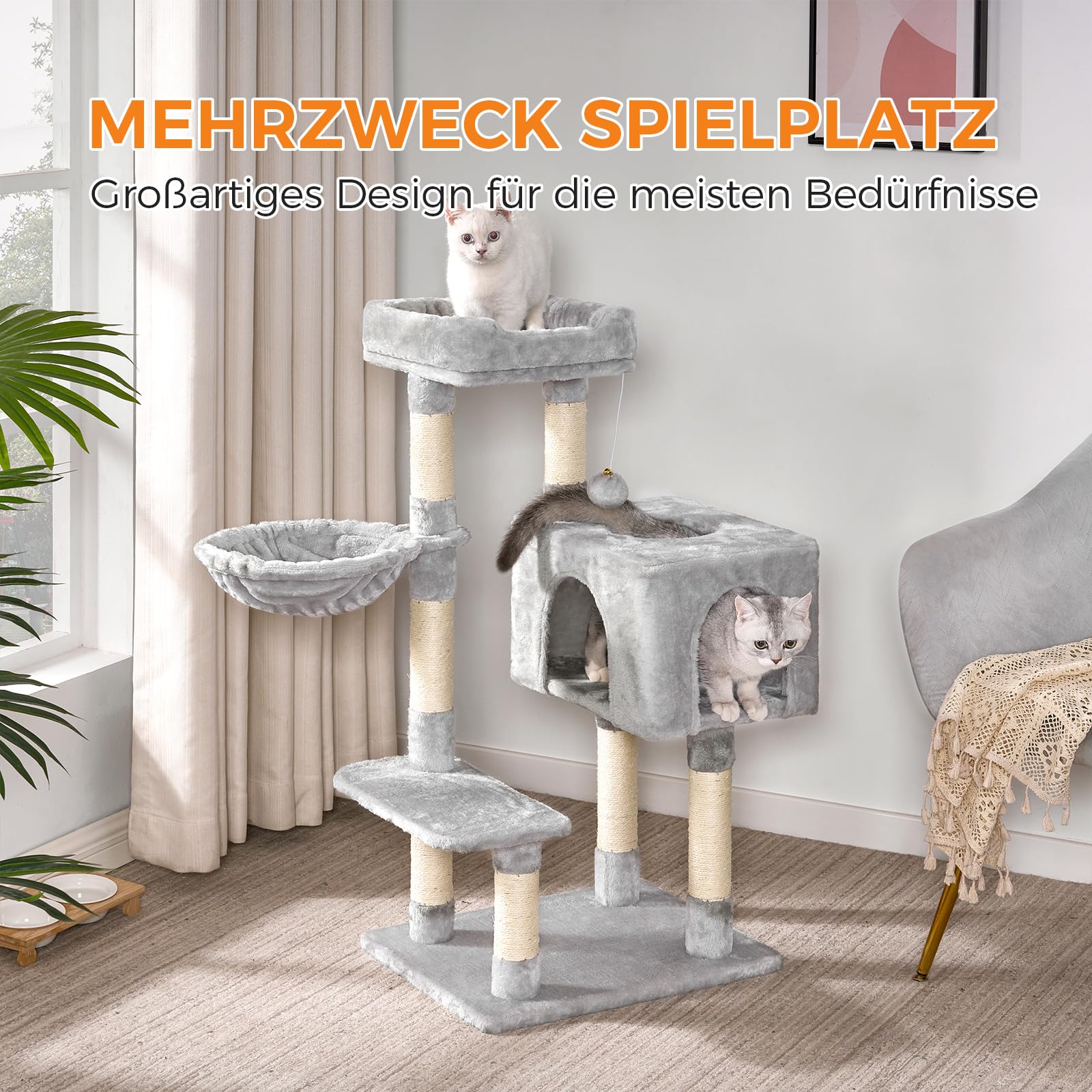 Oak&Tea Kratzbaum für Katzen mit Schlaffläche & Spielzeug – Kompakter Katzenkratzbaum aus Sisal, Kratzbrett und kuscheligem Katzenbett – Ideal als platzsparender Kratzbaum klein für Haus （Hellgrau）
