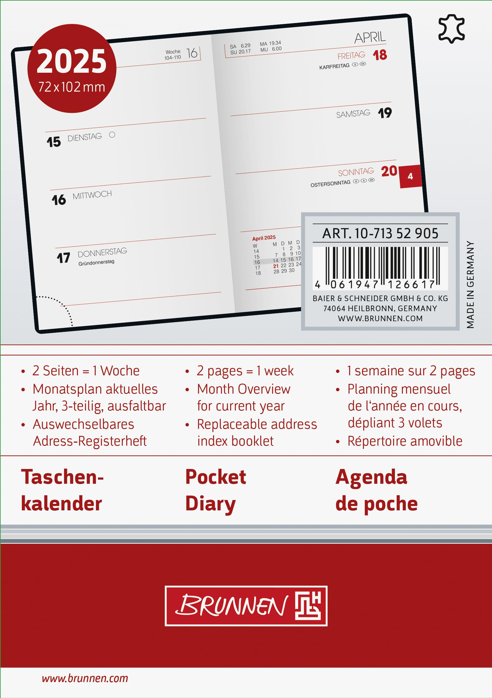 BRUNNEN Pocket Diary Model 713 (2025), 2 Pages = 1 Week, A7, 160 Pages, Leather Cover, Black - Image 2