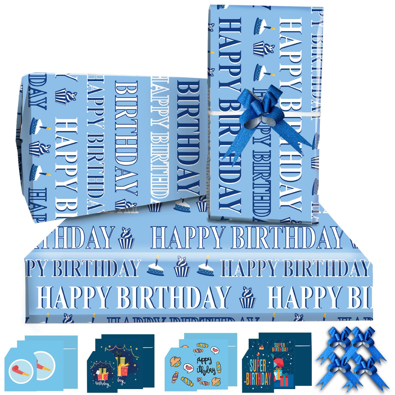 Carta Da Regalo,Carta Da Regalo Compleanno 85 * 60cm Grande Formato Con 4 Mosca Blu,4 Biglietto Auguri,4 Etichettecarta Regalo Per Bambino Ragazze Ragazzi Donne Uomini