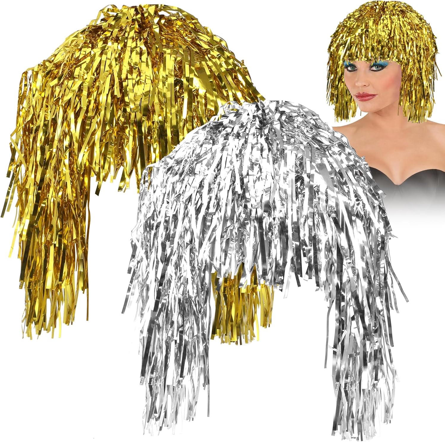 PROUSKY Foil Tinsel Wigs,2 Pcs Glitter Wig Multicolor Cosplay Wigs Costume Shiny Party Wig Fancy