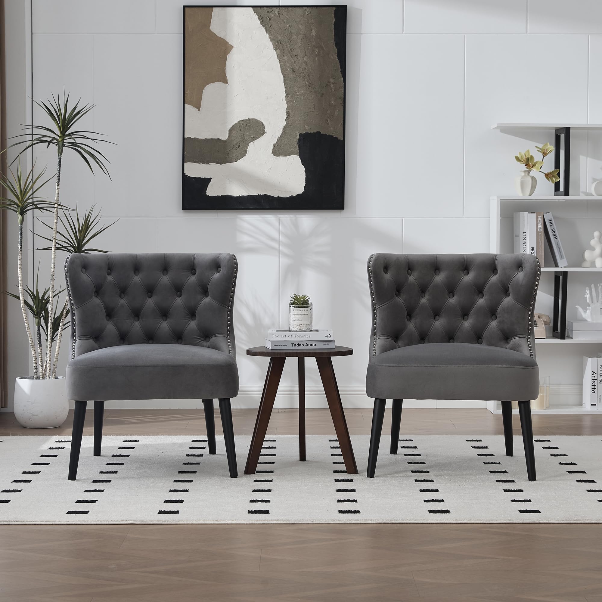 Silla de sofá con tira de botones de terciopelo y tamaño de puntos, diseño moderno sin brazo con remaches y patas de madera maciza para sala de estar, dormitorio.