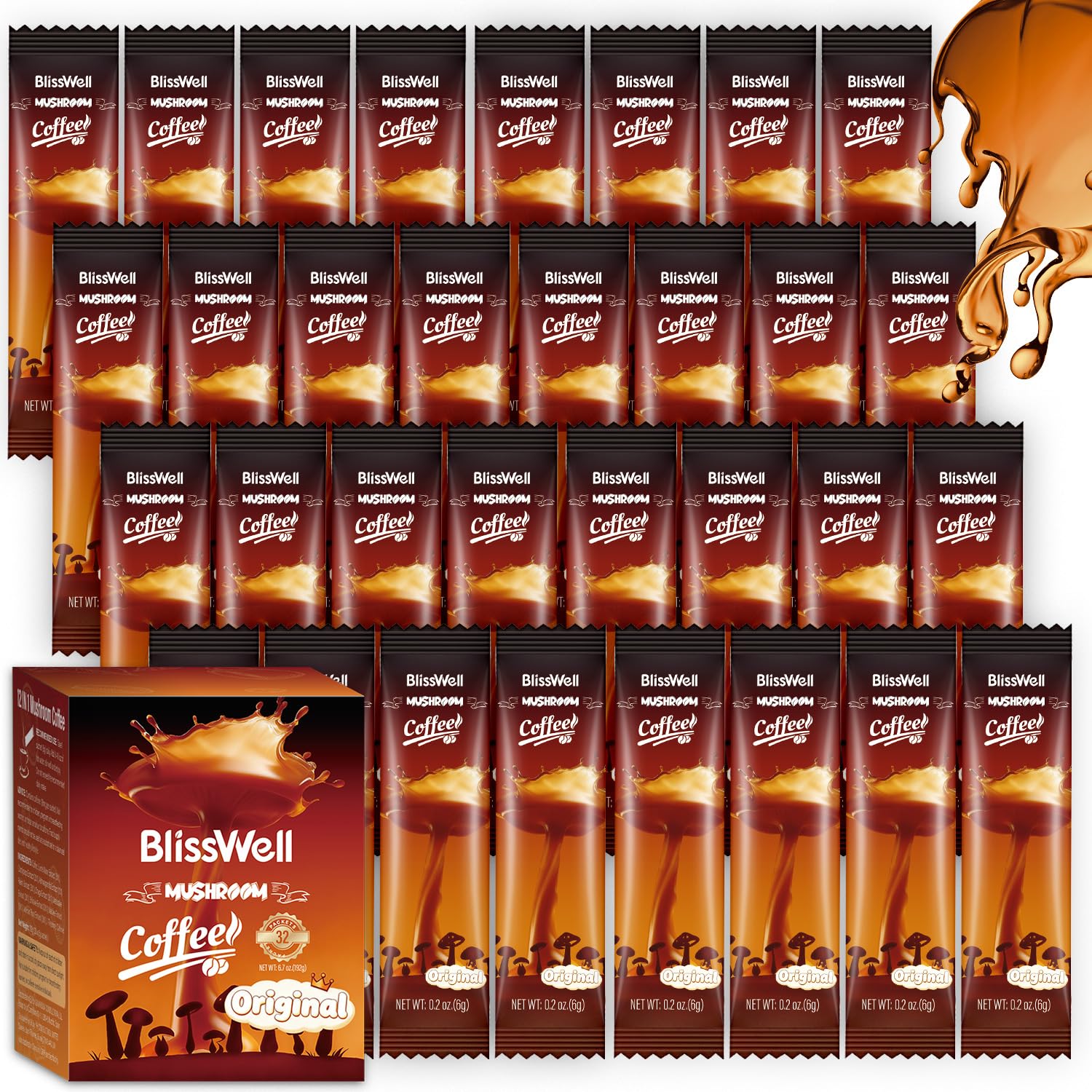 BlissWell Pilzkaffee – Mushroom Coffee in 32 Einzeldosisbeuteln (192 g) | 7 Pilzextrakte + Ashwagandha, L-Theanin & Baldrian | 2250 mg Wirkstoffkomplex pro Portion