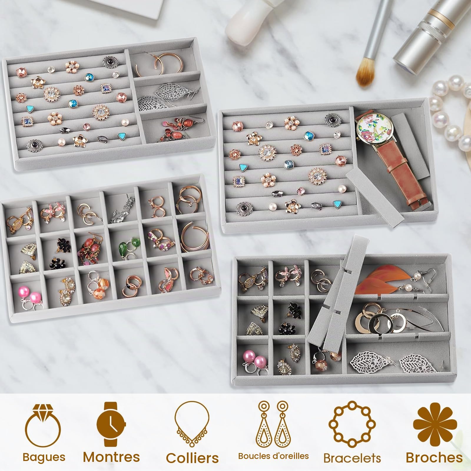 10 Rangements Bijoux Tiroirs Organiseur, Plateau Rangement Bijoux pour Bague/Collier/Bracelet, Rangement Bijoux Tiroir pour Ranger/Stocker/Afficher des Bijoux, 5 Style - Gris