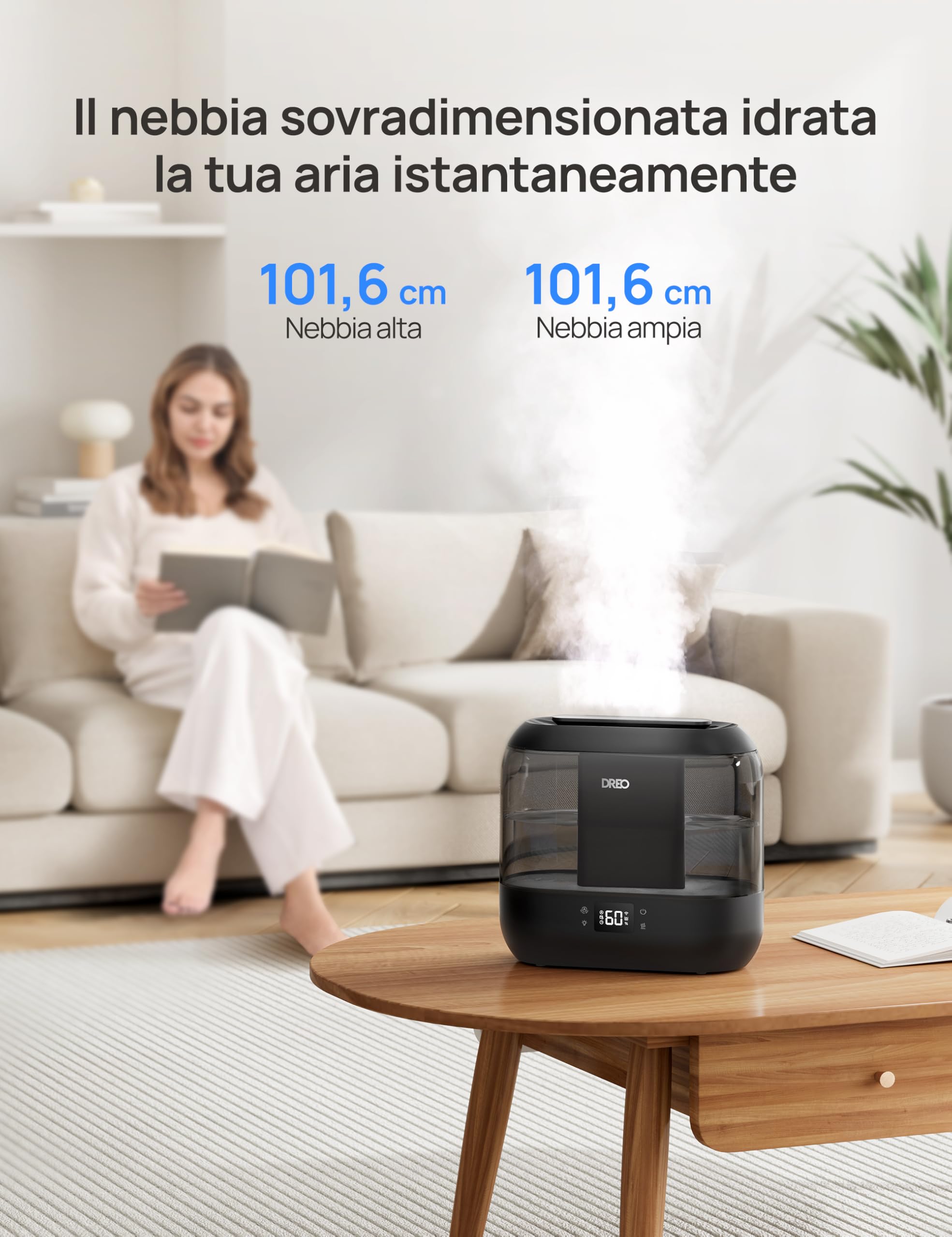 Dreo Umidificatore Smart per la Camera da Letto, Riempimento Superiore da 4L con Nebbia Fredda e Diffusore di Olio e Luce Notturna, Autonomia di 32 ore, Umidificatori Silenziosi per Casa, Ufficio
