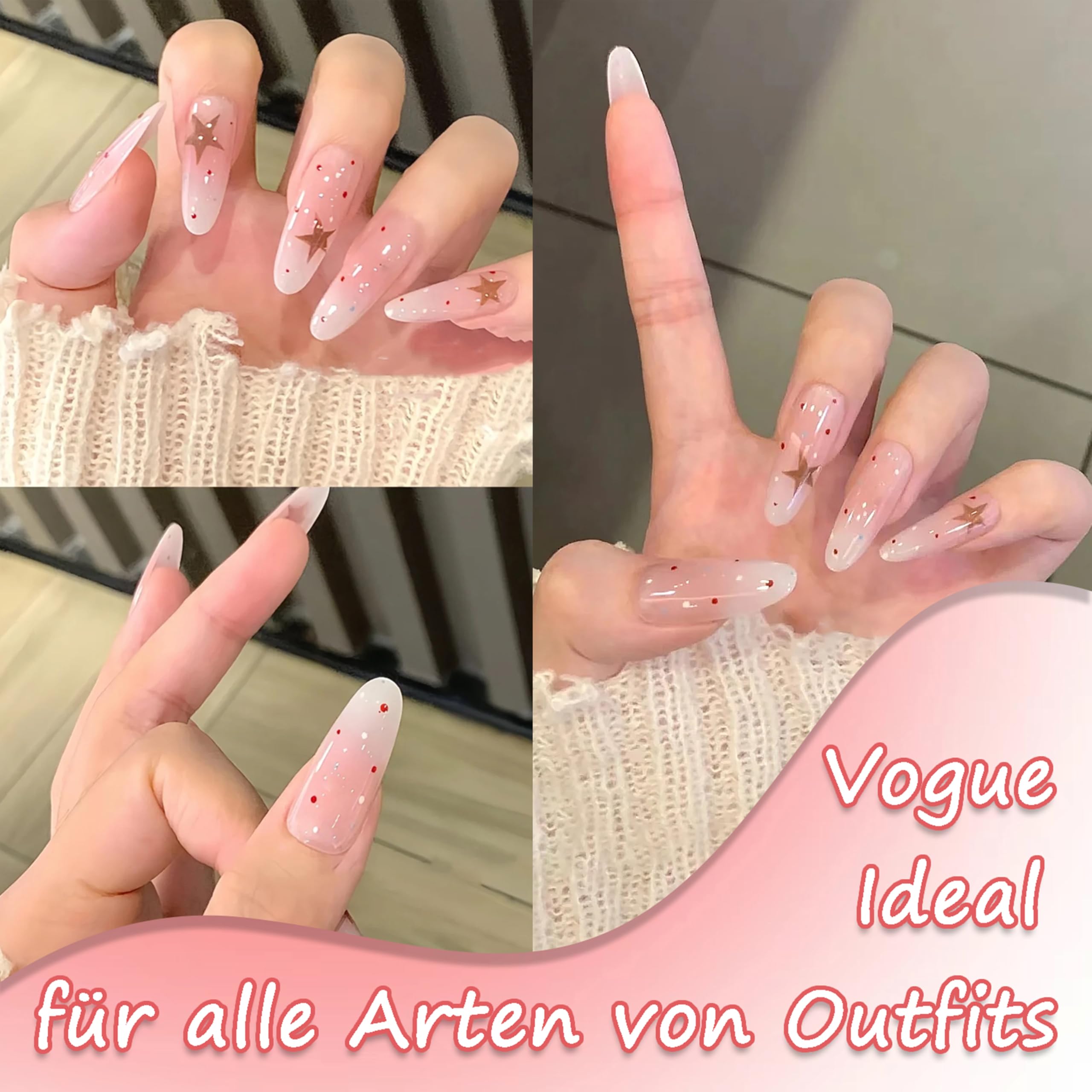 24pcs Mandorle Press on Nails Lunghe Bianco Latte Gradiente Stella Artificiale Da Incollare Finte Colore Francese Copertura Completa Unghie Finte Unghie Finte Naturale per Nail Art Beauty
