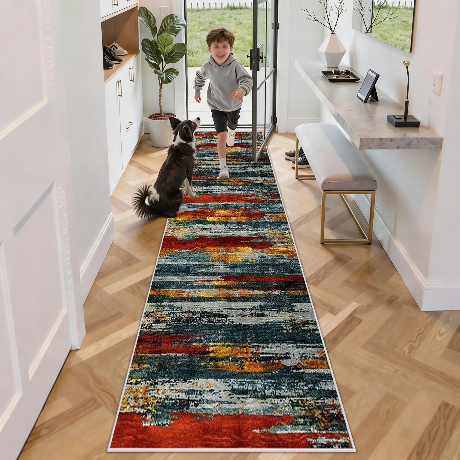 Läufer Flur Teppich 90 x 220 cm Küchenläufer Lange waschbar rutschfest, absorbierend Türmatte, Teppichläufer für Hauseingänge, Küche, Waschküche