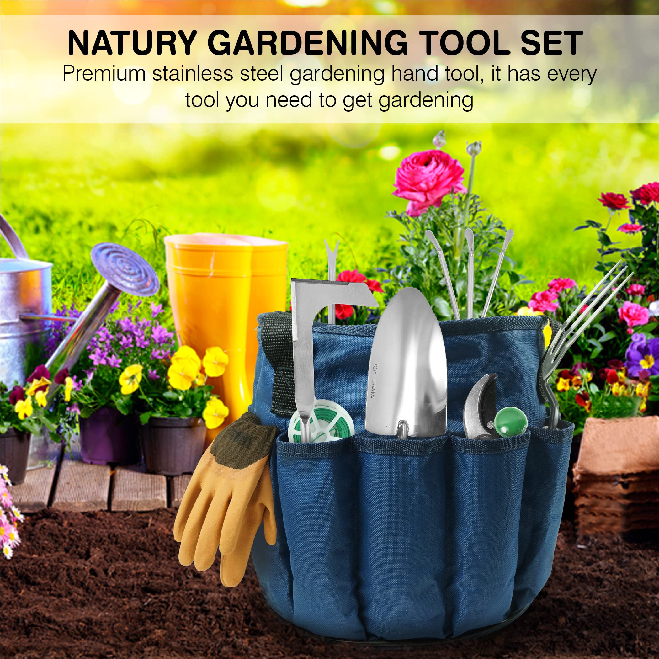 Juego de herramientas de jardín - Herramientas manuales de jardinería de acero inoxidable premium con mango de madera de haya maciza, kit de jardinería con rastrillo, pala, guantes