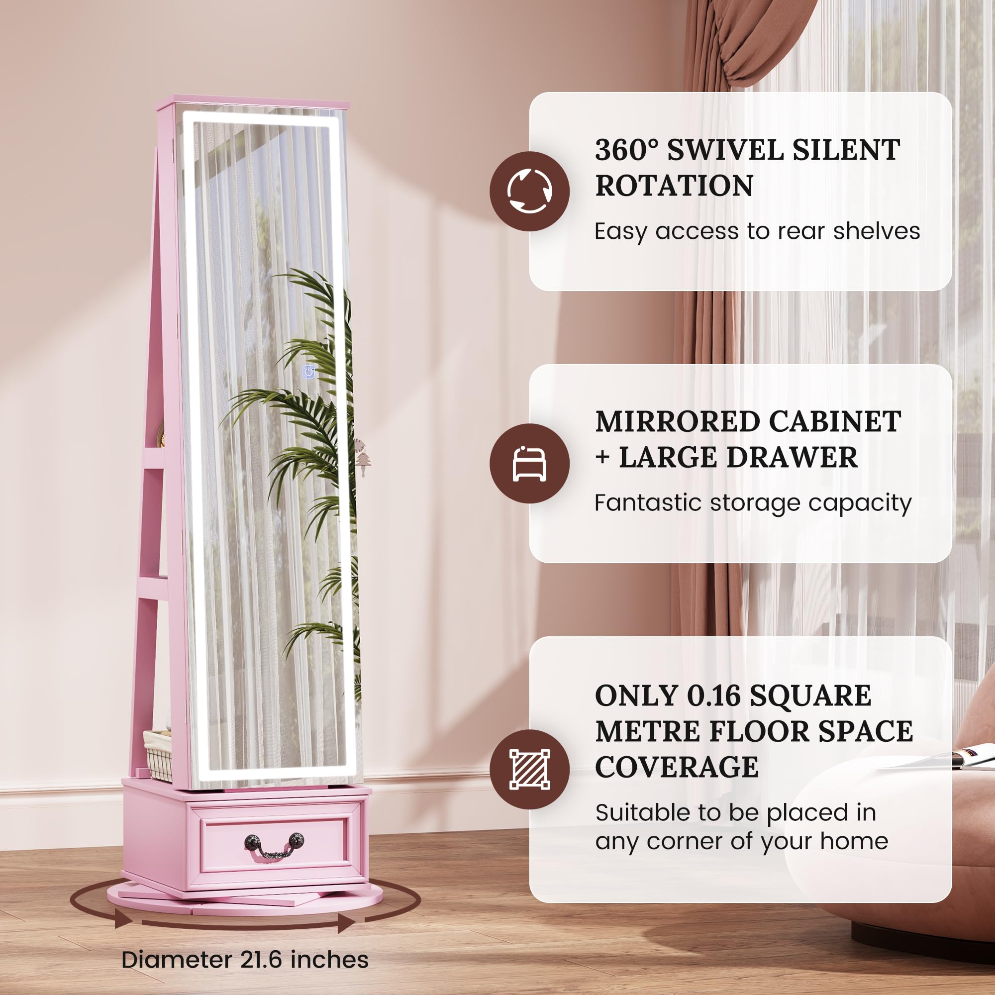 LVSOMT LED Mirror Jewelry Cabinet Standing, 360°Swivel Jewelry Armoire with Full Length Mirror, Mirror with Jewelry Storage and Large Wooden Drawer for Christmas Gifts ()