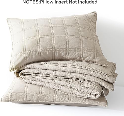 Miniatura 6 de Juego de colcha de algodón 100 %, tamaño Queen, beige, prelavado, 3 piezas, suave, ligero, puntadas decorativas, 2 fundas de almohada, patrón