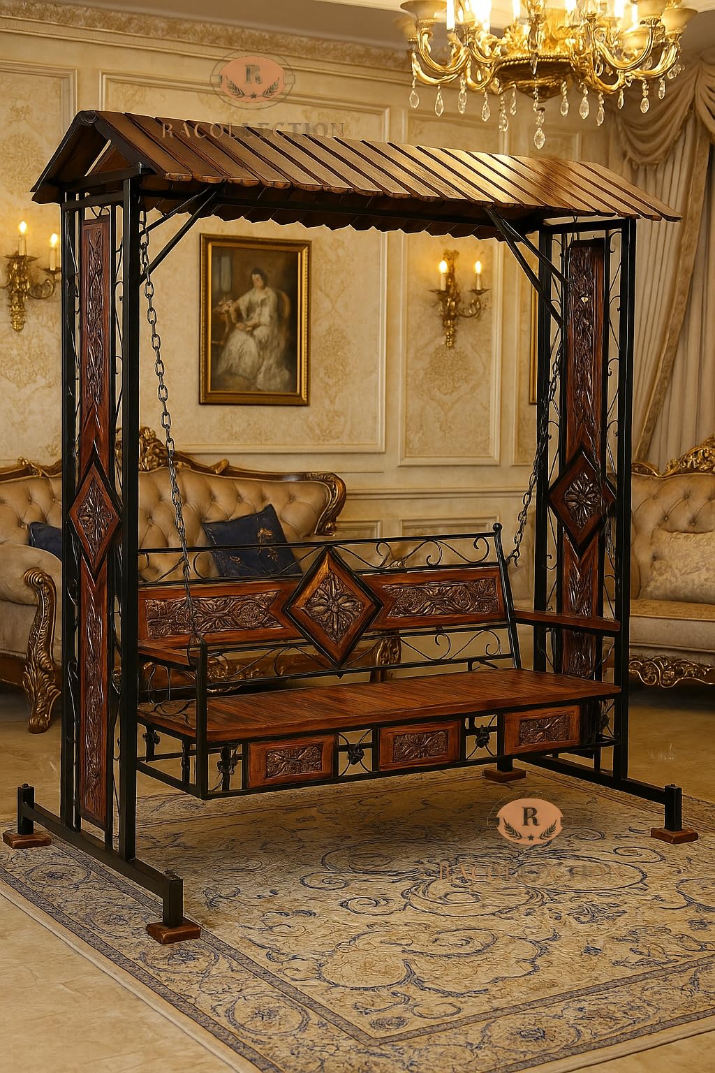 Swing Jhula for Home & Garden/Porch/Balcony 3 Seater Weight Capacity 300Kgs+ (Swing-Online-002), 177.8 Centimeters, Black (3 Seater)-image-46