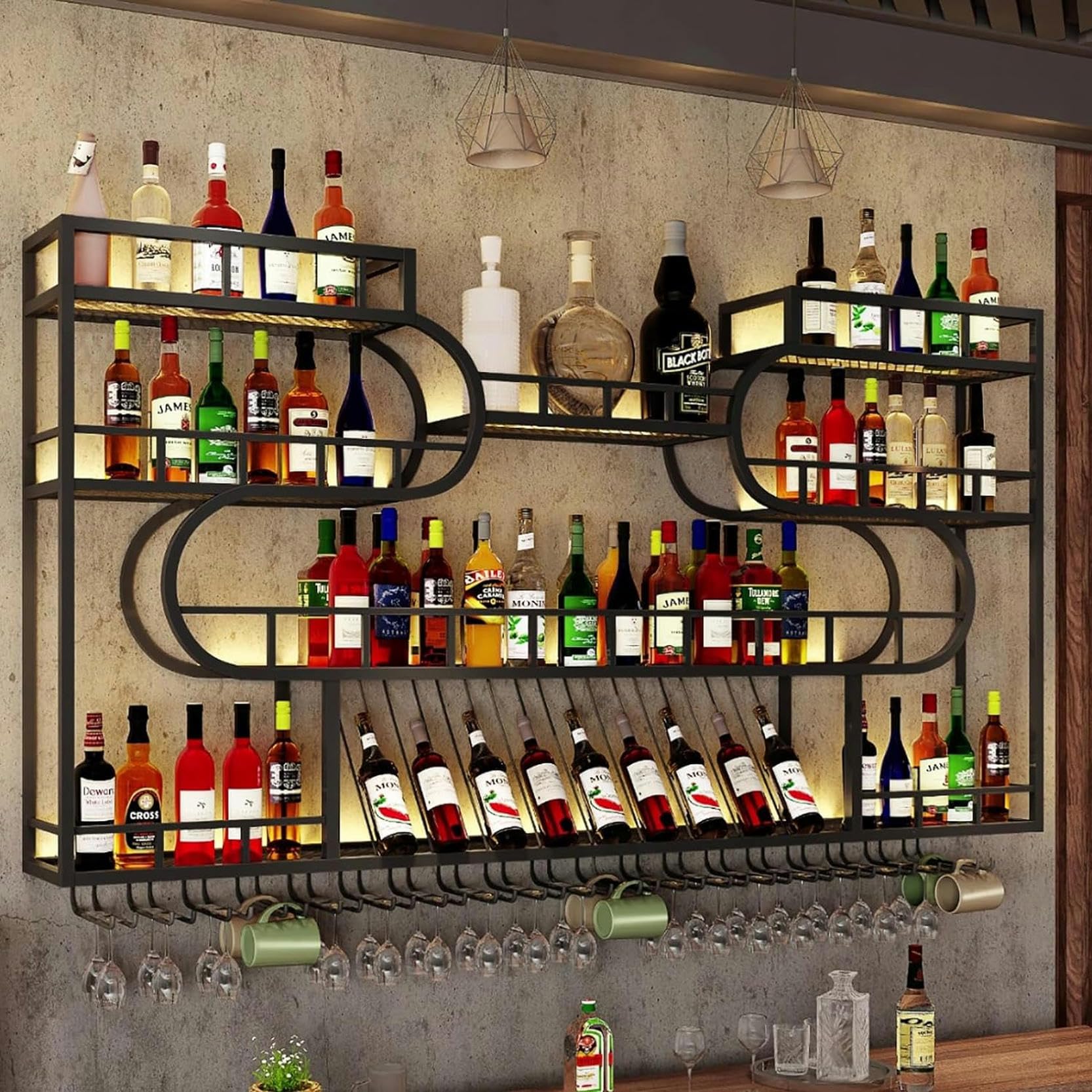 Armadietto Porta Bottiglia Di Vino Mensola Da Parete In Metallo, Metallo Scaffale 3 Livelli, Portabicchieri Da Vino, Mensole Mensola Multifunzionale Da Parete, Per Ristoranti/barre/casa Cucina/Bar ( C