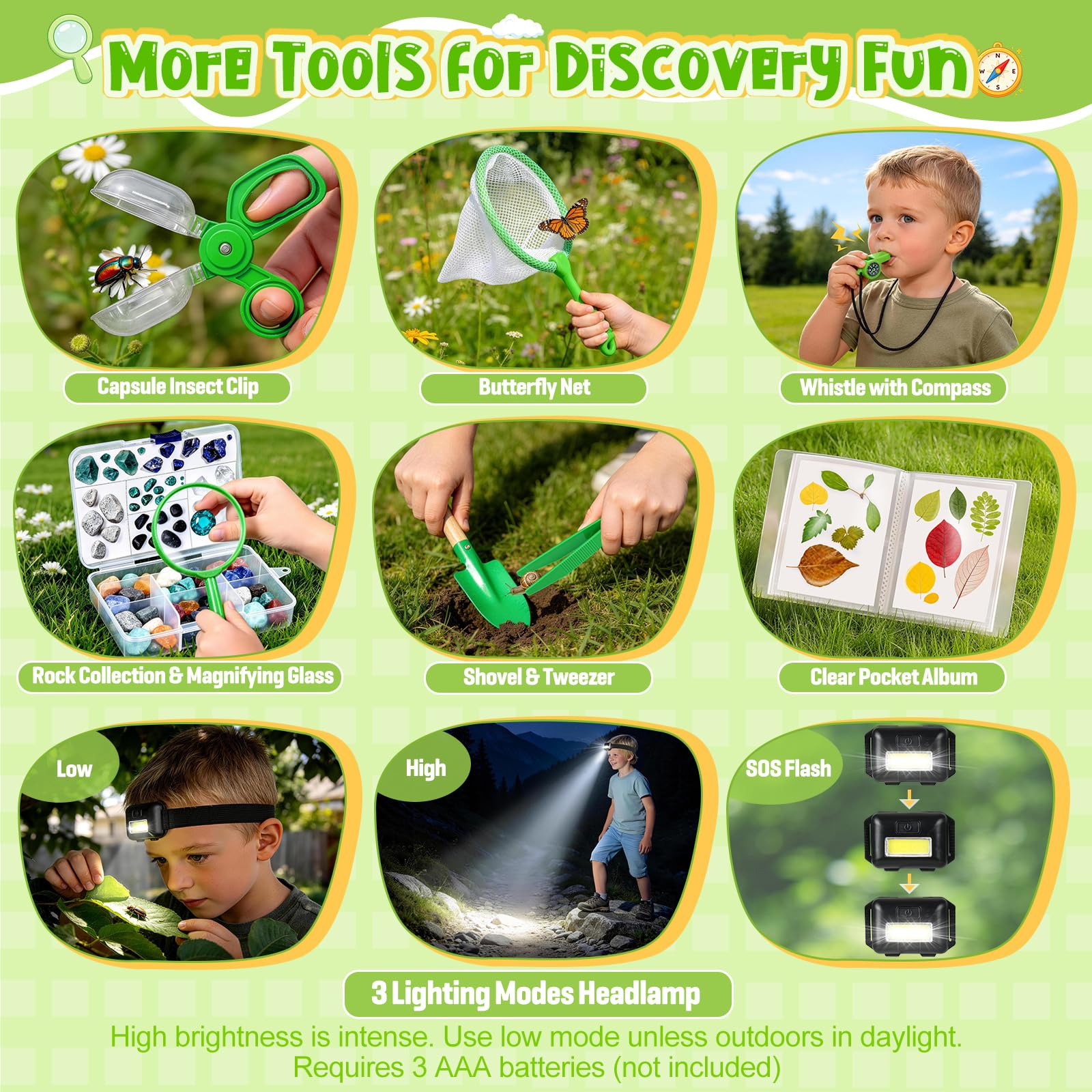 Meaicezli Kit de explorador para niños y atrapasueños, disfraz de safari con equipo de senderismo para niños, prismáticos, faro, hábitat de insectos, exploración al aire libre para camping, aventura