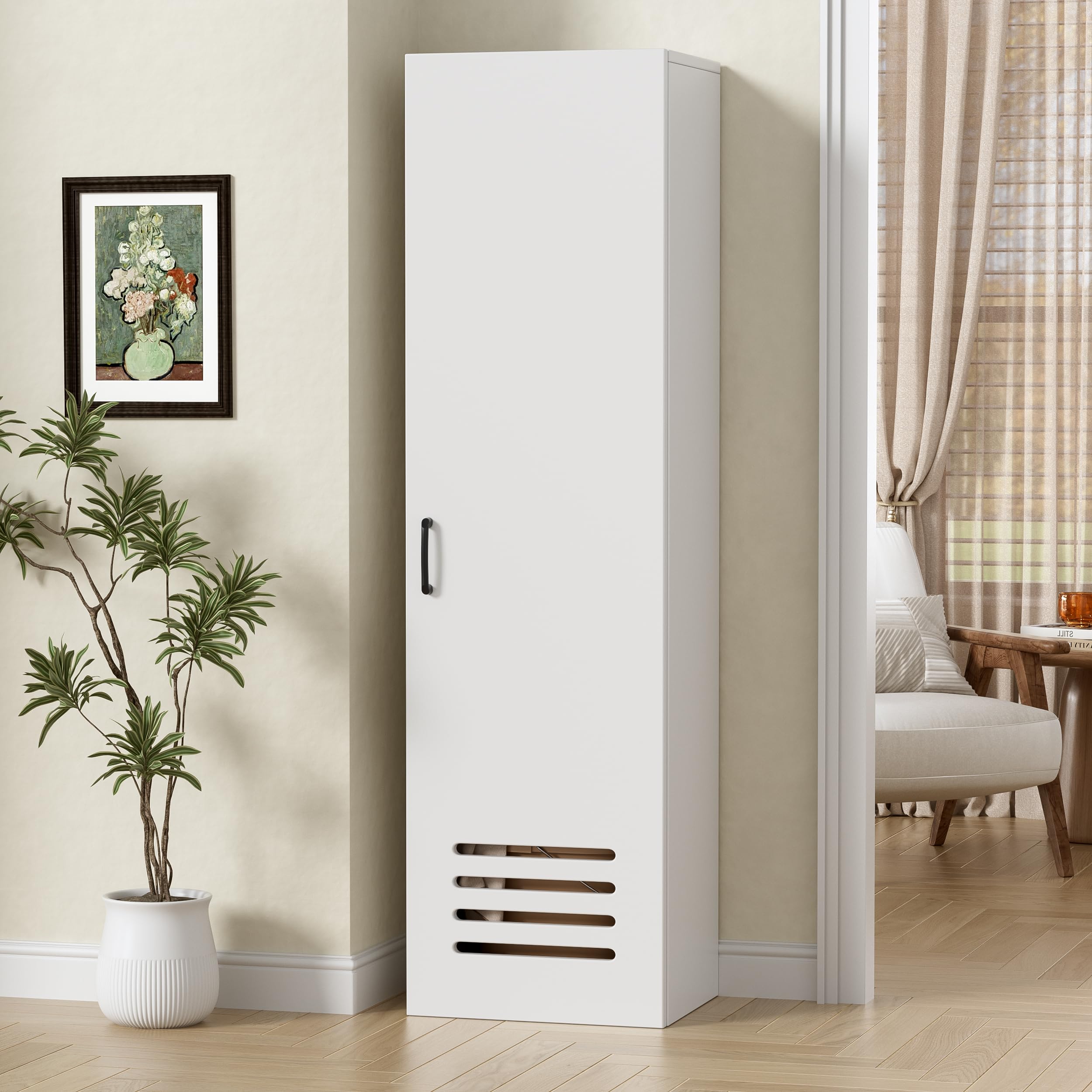 Armadietto per Scopa e Paletta,Armadio Multiuso per Scope, Pratico Armadio per Aspirapolvere con Ripiani e Asta, Ventilazione,Armadietto per la Pulizia in Legno,Mobile Porta Scope,160*40*30cm,Bianco