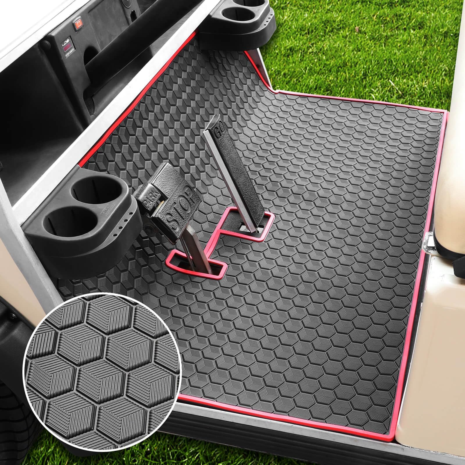 Club Car DS Floor Mat, Upgraded Non-Slip Full Coverage Golf Cart Floor Mat Replacement Think Rubber Fits Club Car DS 1982-2013 / Villager 1982-2018 (Red Trim)