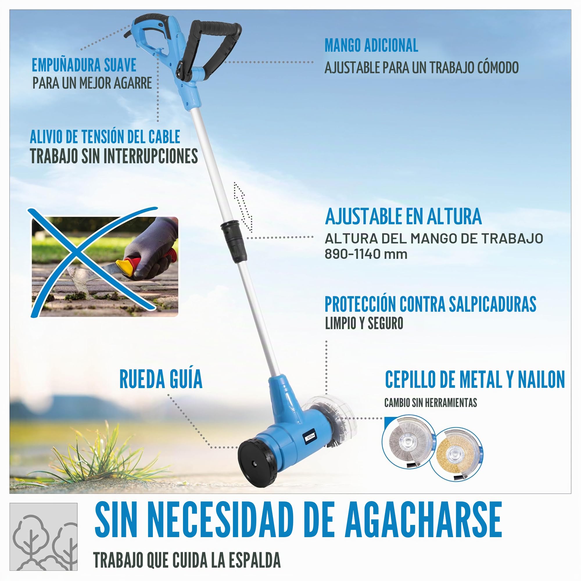 Güde Limpiador de juntas GFR 401 (230 V, 400 W, 1800 rpm de velocidad del motor, altura del mango de 89-114 cm, mango suave, protección contra salpicaduras, rueda guía, 1 cepillo para juntas de metal