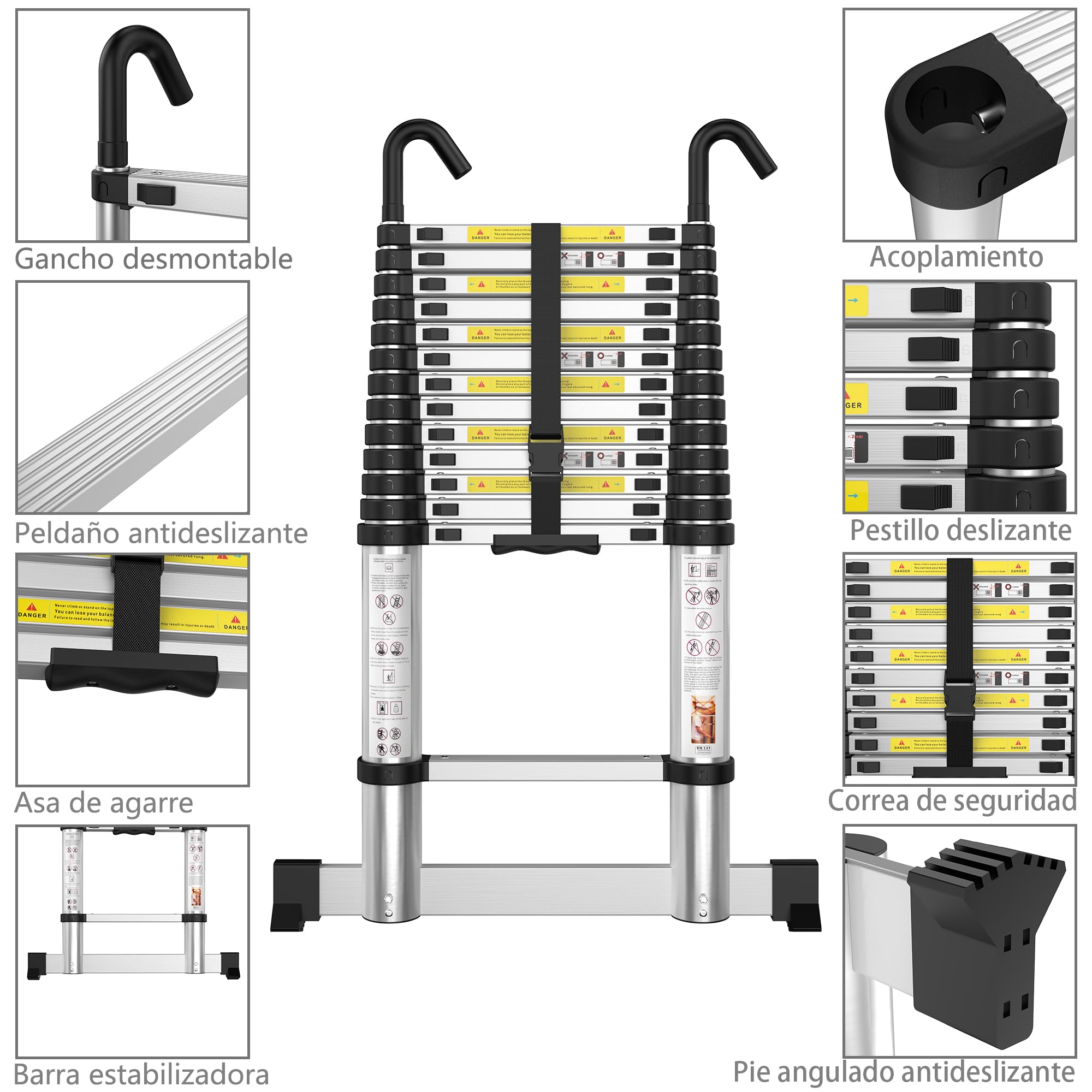 gymount Escaleras Plegables Aluminio, 3,8m Escalera Telescópica, Escalera Plegable Portátil, con Barra Estabilizadora y Ganchos Extraíbles Adecuado para Mantenimiento del hogar, Camping, Carga 150 KG